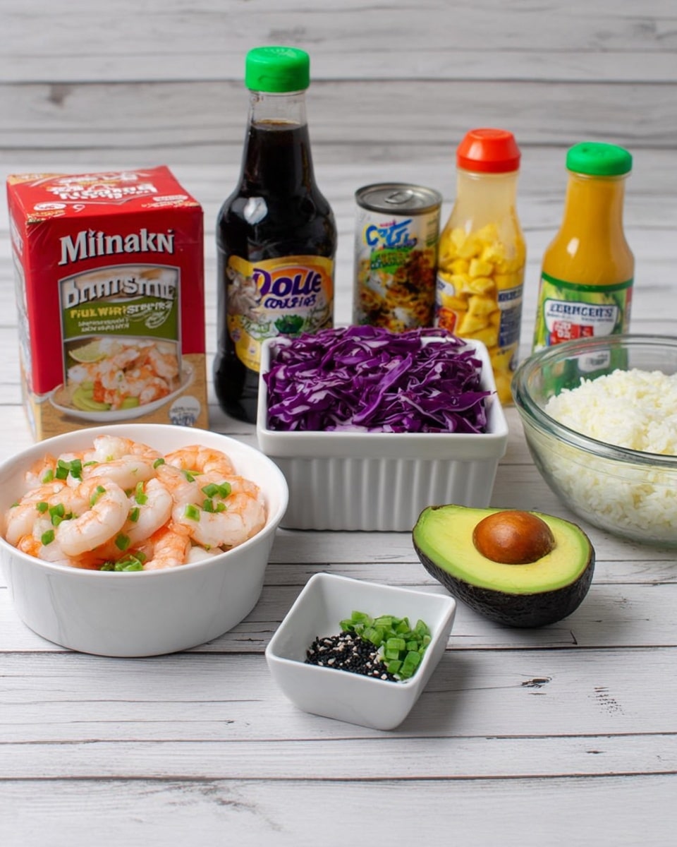 The image shows several cooking ingredients arranged on a white marbled surface with a white wooden background. On the left, a white bowl contains cooked shrimp with a pink color and light green garnish. Next to it, a white ramekin holds shredded purple cabbage. In front of these is a small white square dish with black sesame seeds. To the right is a clear glass bowl filled with cooked white rice topped with chopped green herbs. In front of the rice bowl is a halved avocado showing bright green flesh and a brown pit. Behind these are four bottles and containers: a red box of Minute white rice, a black bottle of Kikkoman less sodium soy sauce with a green cap, a nearly empty clear bottle of Kikkoman orange sauce, and an open can of Dole crushed pineapple with yellow fruit inside. All items are neatly placed in one row, clearly visible, photo taken with an iphone --ar 4:5 --v 7