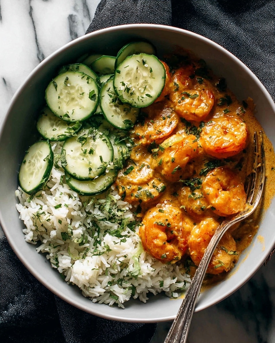 A white bowl filled with three main layers: on the left side, several orange shrimp covered in a creamy, rich sauce with a slightly chunky texture; in the middle and right side, white rice mixed with green herbs creating a speckled effect; at the top, thinly sliced round cucumber pieces with a fresh green color and bits of herbs sprinkled on top. A silver fork rests on the right side of the bowl, touching the rice and cucumbers. The bowl sits on a white marbled surface with a dark gray cloth nearby. photo taken with an iphone --ar 4:5 --v 7