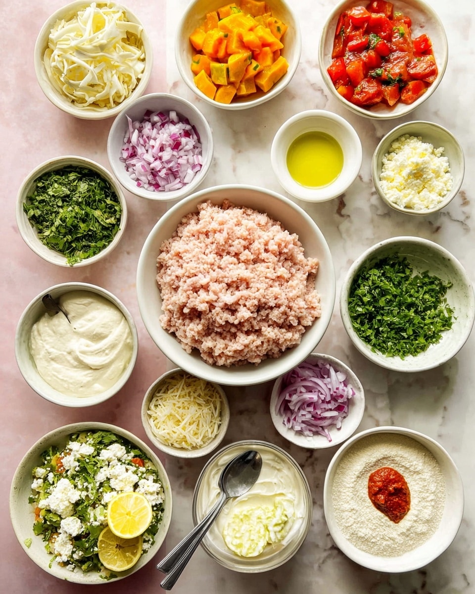 The image shows many small white bowls arranged on a white marbled surface, each holding different ingredients. In the center, a large white bowl holds raw light pink ground meat with a ribbed texture. Surrounding it are bowls with orange-yellow roasted vegetables, chopped green herbs, pale yellow sauce, finely chopped purple onions, bright red tomato pieces, white creamy sauce, cooked rice topped with a lemon slice, small green vegetable pieces, crumbly white cheese, light beige flour, a creamy white sauce with green herbs, lemon zest, and a thick reddish paste. A spoon rests in the rice bowl, and all the bowls vary in size with smooth textures, showing a colorful and fresh mix of ingredients. Photo taken with an iphone --ar 4:5 --v 7