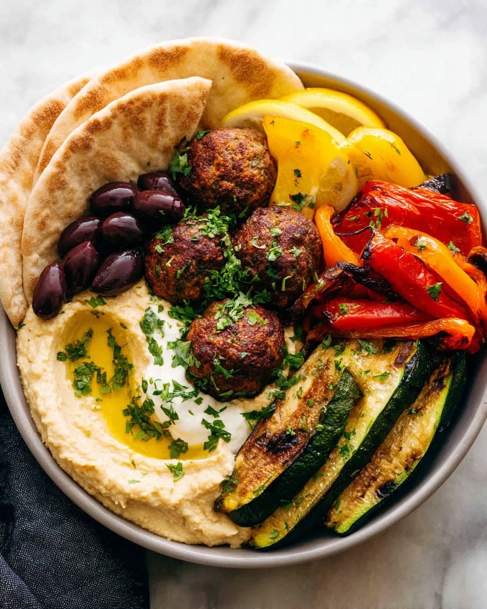 A white bowl on a white marbled surface holds several layers of food arranged neatly. On the left side, there are four pieces of pale brown pita bread stacked slightly overlapping. In the middle, several dark purple olives are scattered around round, brown falafel balls topped with green chopped herbs. To the right of the falafel, light yellow lemon wedges are placed next to long strips of yellow and red roasted bell peppers. At the bottom right, grilled green zucchini slices add texture. Towards the bottom left, there is a smooth, creamy layer of light beige hummus with a drizzle of golden olive oil, topped by a dollop of white yogurt sprinkled with green herbs. photo taken with an iphone --ar 4:5 --v 7