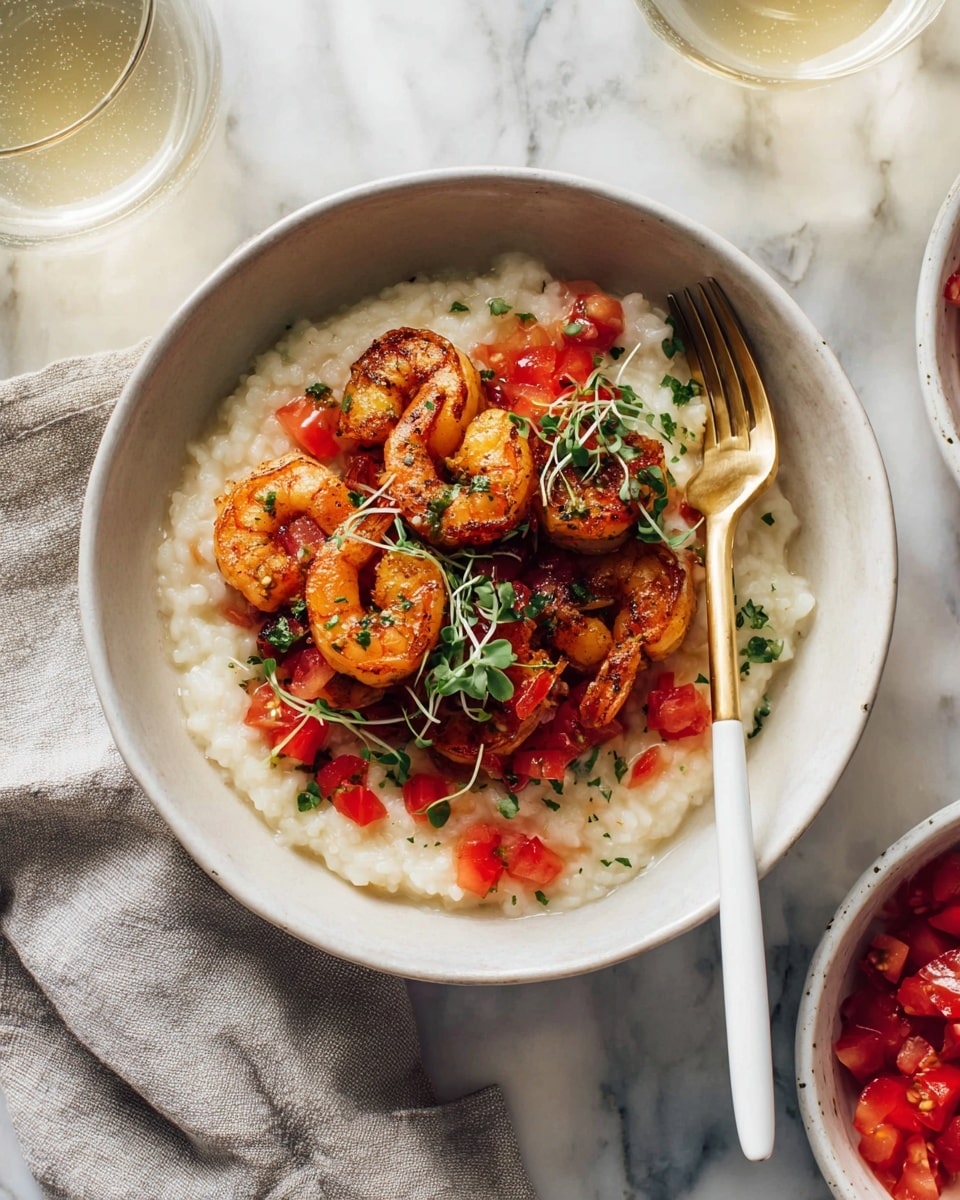 A white bowl holds a creamy, pale risotto as the first layer, soft and slightly shiny. On top of the risotto are six golden-brown cooked shrimp arranged in a slight circle, each with a warm, crispy texture and some green herbs sprinkled on them. Scattered around and over the shrimp are small bright red chopped tomato pieces adding a fresh pop of color. Delicate green microgreens are lightly spread on the shrimp and tomatoes, adding a touch of freshness and detail. A white and gold fork rests on the right side of the bowl, slightly sinking into the risotto. The bowl sits on a white marbled surface with a soft gray cloth nearby and a glass filled with a pale yellow drink alongside, with part of another white bowl holding more chopped red tomatoes visible in the top right corner. Photo taken with an iphone --ar 4:5 --v 7