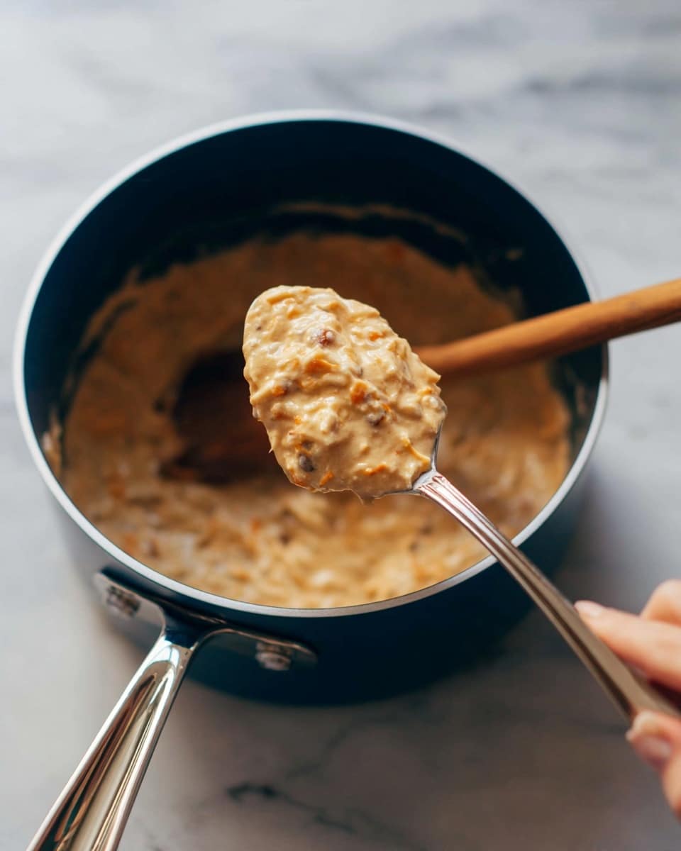 A close-up image of a creamy dish in a dark blue pot with a shiny silver handle resting on a white marbled surface. The dish has a light beige color with small chunks of orange and brown mixed in, showing a thick, smooth texture. A spoon with the creamy mixture is held by a woman's hand on the right side, angled towards the camera. In the background inside the pot, a wooden spatula is visible, slightly blurred. The scene is softly lit, focusing on the spoonful of food. photo taken with an iphone --ar 4:5 --v 7