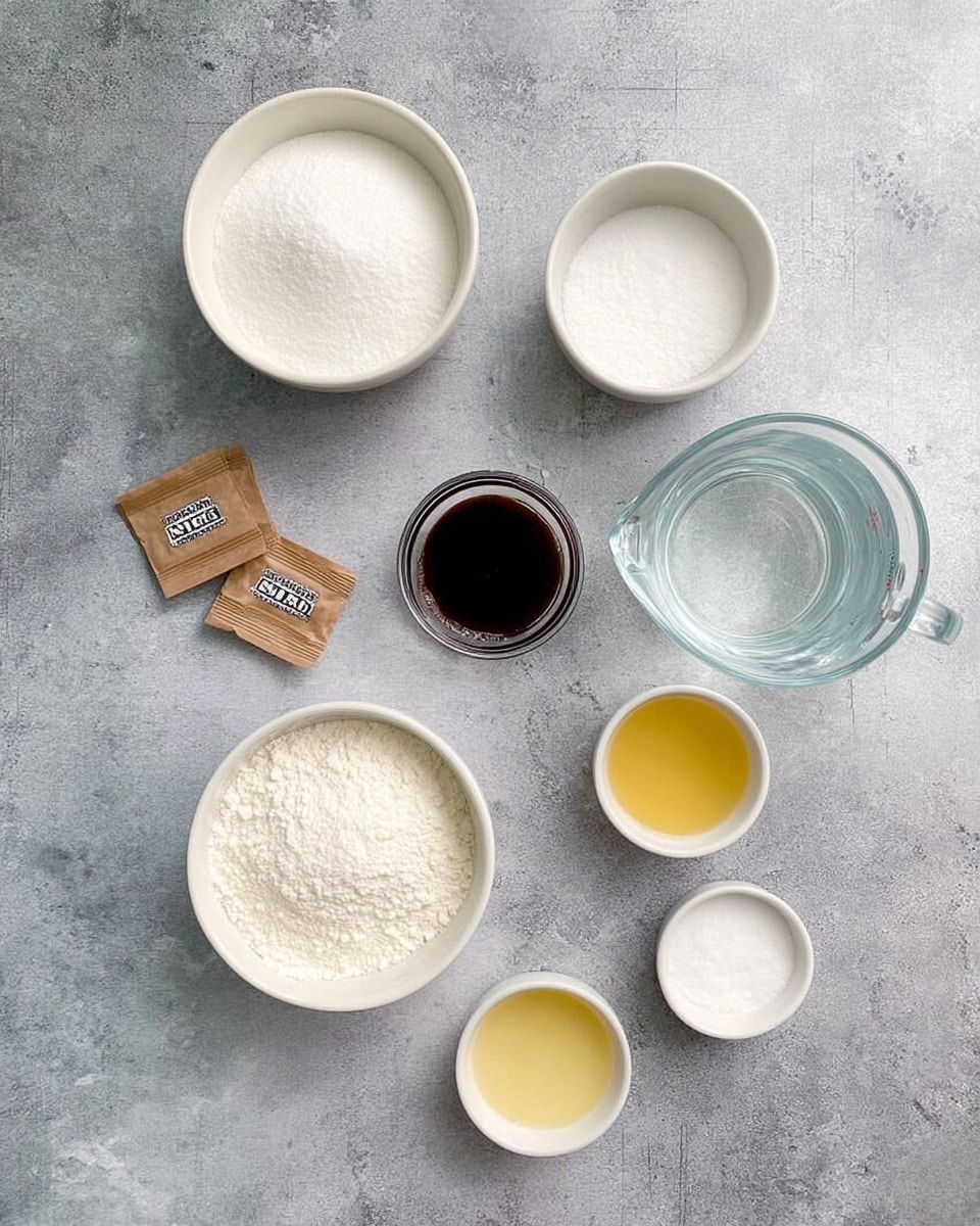 The image shows a white marbled surface with several small clear glass bowls and measuring cups arranged neatly. There is a large white bowl filled with granulated white sugar at the bottom center. Around it, on the upper part of the surface, there are smaller bowls with white flour, baking powder, salt, and a few other white powdery ingredients. Two clear glass measuring cups hold liquids, one with water and one with a clear liquid that could be oil. A pale beige powder is in a small bowl at the center. To the left, a folded blue cloth is visible. The scene is bright and clean, with a neat and organized look, photo taken with an iphone --ar 4:5 --v 7