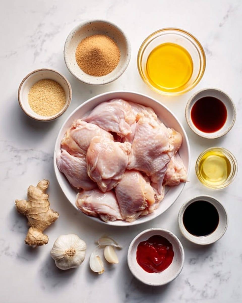 A white bowl filled with raw chicken thighs placed in the center of a white marbled surface. Around the bowl are several small white bowls and cups containing different ingredients: brown sugar, a bright yellow liquid, a pale yellow clear liquid, a deep red sauce, minced garlic, dark soy sauce, a light brown liquid, and a small piece of fresh ginger root. The image is clear and bright with all items neatly arranged around the bowl. Photo taken with an iphone --ar 4:5 --v 7