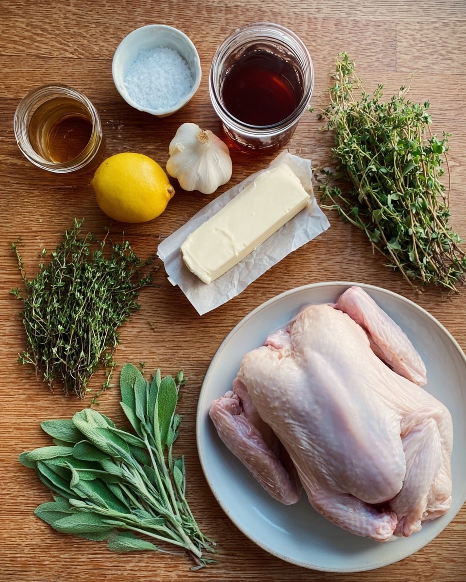 A top view of a wooden table holding various cooking ingredients. On the right side, a white plate holds a raw turkey with pale pink skin. Next to the plate, a stick of butter wrapped in paper rests on the table. Below the butter, there are fresh green herbs including thyme, rosemary, and sage laid out in small bunches. Above the herbs, there is a lemon on the left, a bulb of garlic beside it, a small bowl of salt above the herbs, and a glass jar filled with a dark reddish-brown liquid positioned near the center. The surface beneath everything is a white marbled texture. photo taken with an iphone --ar 4:5 --v 7