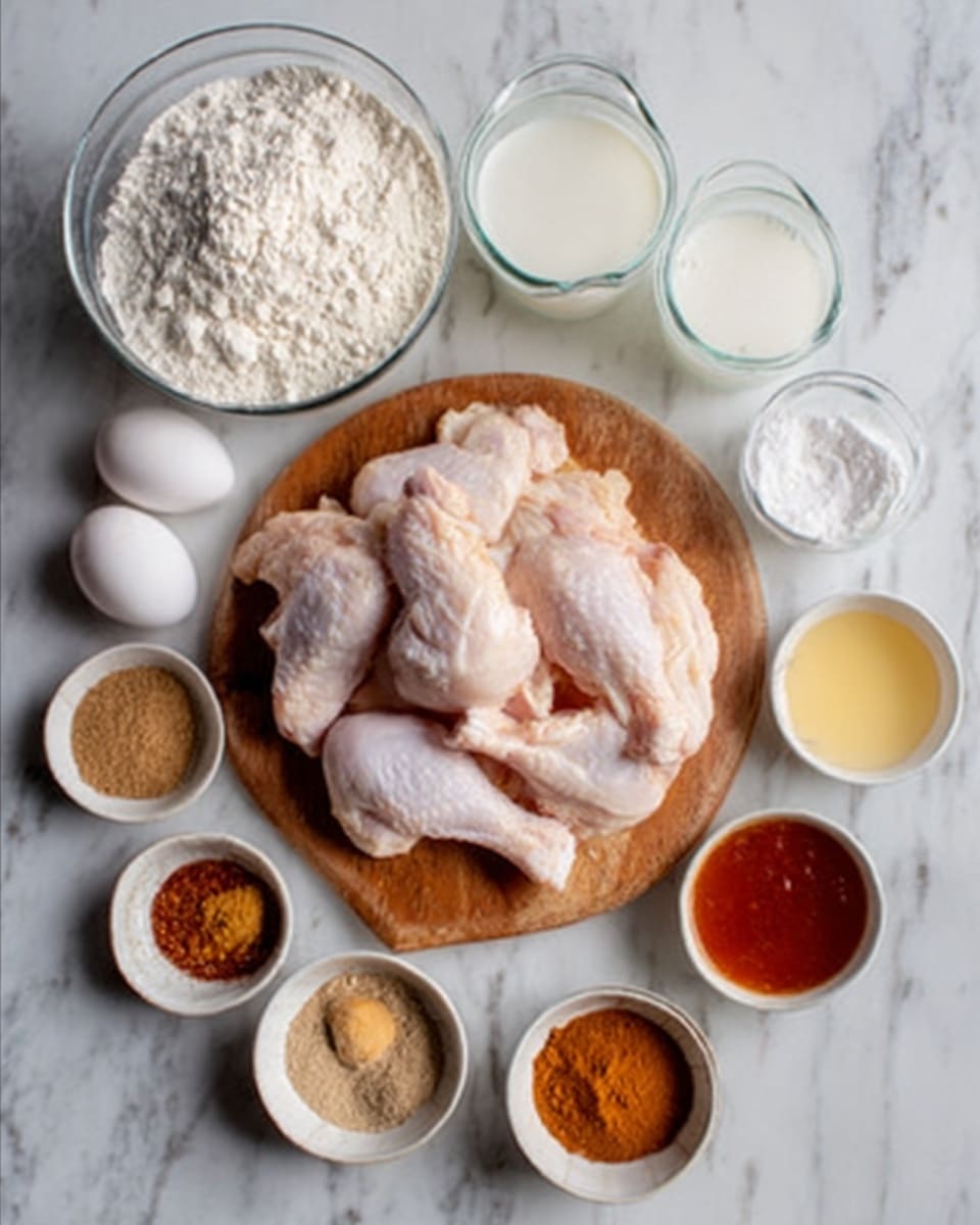 A wooden board holds several raw chicken pieces with pale pink and white skin, arranged in the center. Surrounding the chicken are small white bowls each filled with different ingredients: a bowl of white flour, a bowl with two white eggs, a small bowl of reddish-brown sauce, and five smaller bowls with various spices in shades of brown, tan, and off-white. Behind the board are two clear glass containers, one with white flour and another with white liquid. The scene is set on a white marble surface. photo taken with an iphone --ar 4:5 --v 7