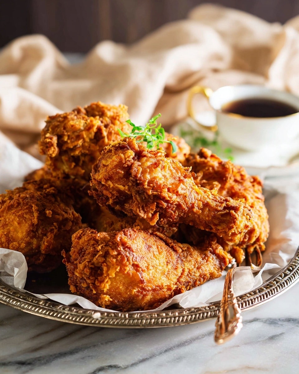 The image shows a close-up of several pieces of fried chicken stacked on an ornate metal tray lined with white paper. The chicken has a crunchy, rough texture with a golden-brown color. The pieces vary in size and shape, and one piece on top is garnished with a small green herb. In the blurred background, there is a white cup and saucer with a dark sauce inside, sitting on a white marbled surface with a beige cloth draped nearby. photo taken with an iphone --ar 4:5 --v 7