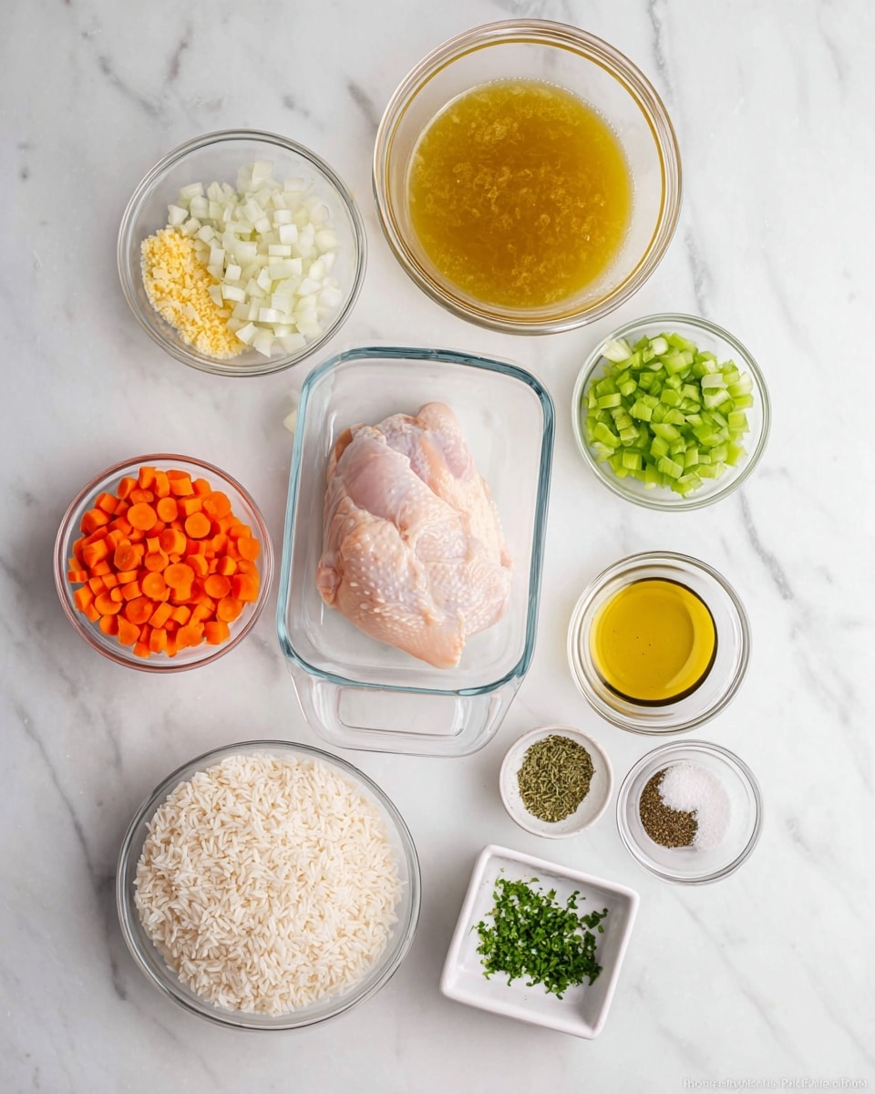 The image shows a collection of ingredients placed neatly on a white marbled surface. In the center, there is a clear rectangular glass container holding a single raw pale pink chicken piece. Surrounding it are small clear glass bowls, each holding a different ingredient: finely chopped white onions on the top left, minced light yellow garlic above the onions, a large bowl of golden yellow broth to the right of the chicken, bright green chopped celery to the right of the broth, a small bowl of golden oil below the celery, and small bowls of dried green herbs and a mix of salt and black pepper on the bottom row. Below the onions on the left is a bowl filled with small chopped orange carrots, and next to that, a bowl of uncooked white rice. There is also a tiny square white bowl with chopped green herbs near the bottom. The arrangement and colors of the ingredients are clear and distinct, all placed on the bright, clean white marbled surface. photo taken with an iphone --ar 4:5 --v 7