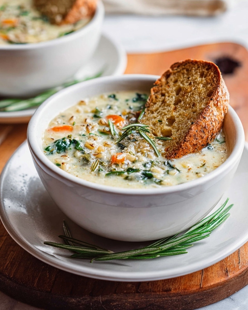 A white bowl filled with creamy soup that has visible pieces of spinach, small carrot slices, and grains, topped with a slice of toasted bread partially dipped in the soup. A fresh rosemary sprig lies on top of the soup and another rosemary sprig is placed on the white plate under the bowl. The bowl sits on a white plate, all placed on a wooden board with a white marbled texture background. Another white bowl filled with similar soup is blurred in the background. Photo taken with an iphone --ar 4:5 --v 7