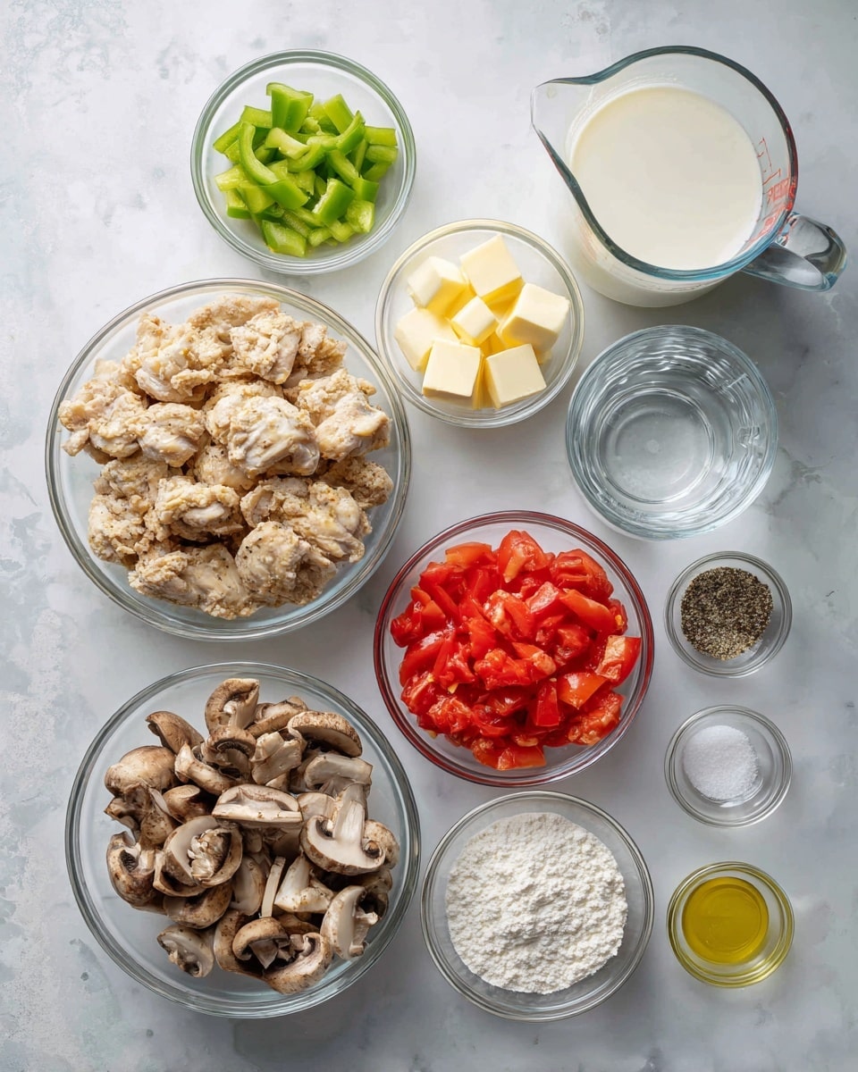 The image shows several clear glass bowls with ingredients on a white marbled surface. On the left side, there is a large bowl full of chopped cooked chicken with a white and light brown texture. Near it, on the top left, is a small bowl of chopped green bell pepper. Moving to the center, there is a glass measuring cup filled with clear water, and above it, a small glass pitcher with white milk. To the right of the milk, a small bowl holds yellow cubes of butter. Next to it, a glass bowl contains bright red chopped tomatoes. Below the tomatoes, a small bowl has sliced cooked mushrooms with brown and tan colors. Beside the mushrooms, a bowl of white flour is placed. To the far right, three tiny bowls hold powdered seasoning, white salt, and black pepper from top to bottom. Below the flour bowl is a small glass bowl with a light yellow liquid, likely oil. All the ingredients are arranged neatly in three rows, with soft natural light and clear visibility. photo taken with an iphone --ar 4:5 --v 7