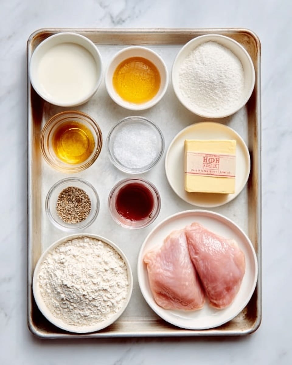 On a silver baking tray set on a white marbled surface, there are seven small white bowls and plates arranged neatly, each holding different ingredients for cooking. Starting from the top left, a bowl filled with white cream-like liquid, next to it a small bowl with golden honey, then a bowl with white granulated sugar, and a plate of white flour. Below these, there is a bowl filled with more white flour, a small transparent bowl with mixed black and white pepper, and a small bowl with dark reddish-brown syrup. In the center lies a yellow stick of butter wrapped in paper, and to the right, a white plate holds two pieces of raw pink chicken with smooth skin. The set is well organized and clean, with all ingredients clearly visible. Photo taken with an iphone --ar 4:5 --v 7