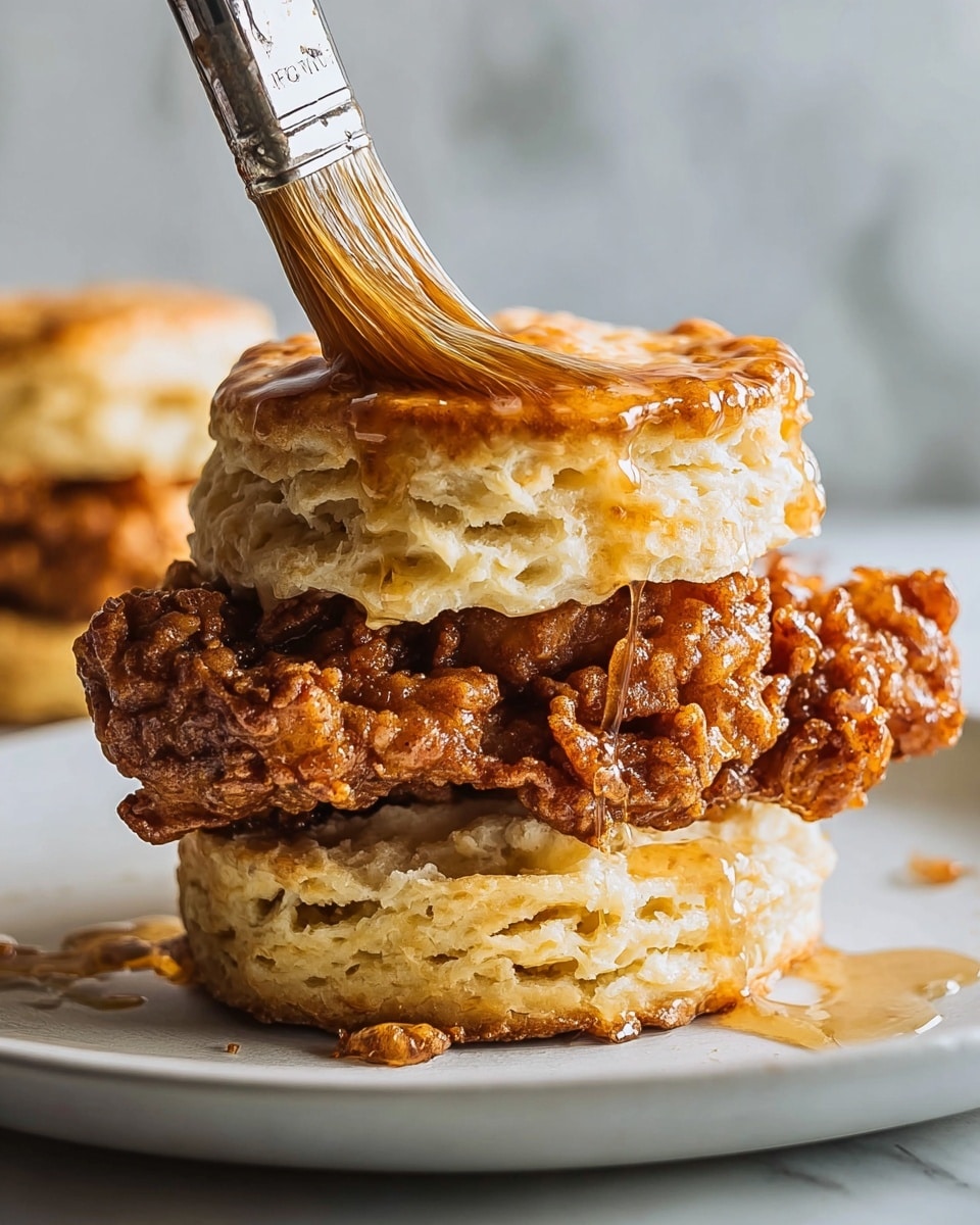 A close-up view of a two-layer biscuit sandwich on a white plate with a white marbled surface underneath. The bottom layer is a thick, flaky golden biscuit with visible layers and a slightly rough texture. On top of it sits a large piece of crispy fried chicken, richly browned and textured with craggy, crunchy edges. Above the chicken is another thick biscuit layer being brushed with a glossy glaze by a brush, adding a shiny, slightly wet look on top. The background is softly blurred, focusing all attention on the biscuit sandwich. photo taken with an iphone --ar 4:5 --v 7
