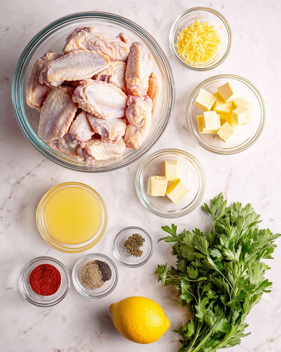 A large clear glass bowl filled with raw chicken wings showing pale pink and light yellow skin sits near the top center on a white marbled surface. To the right of the bowl, three small clear glass bowls hold soft yellow butter cubes, finely grated yellow lemon zest, and a large bunch of fresh green parsley with broad leaves. Below the chicken wings are a small bowl of light yellow lemon juice and a whole bright yellow lemon. On the left side, three small clear bowls contain red paprika powder, mixed black and white pepper, and a mix of salt and black pepper. The ingredients are neatly arranged and spaced out on a clean white marbled surface. photo taken with an iphone --ar 4:5 --v 7