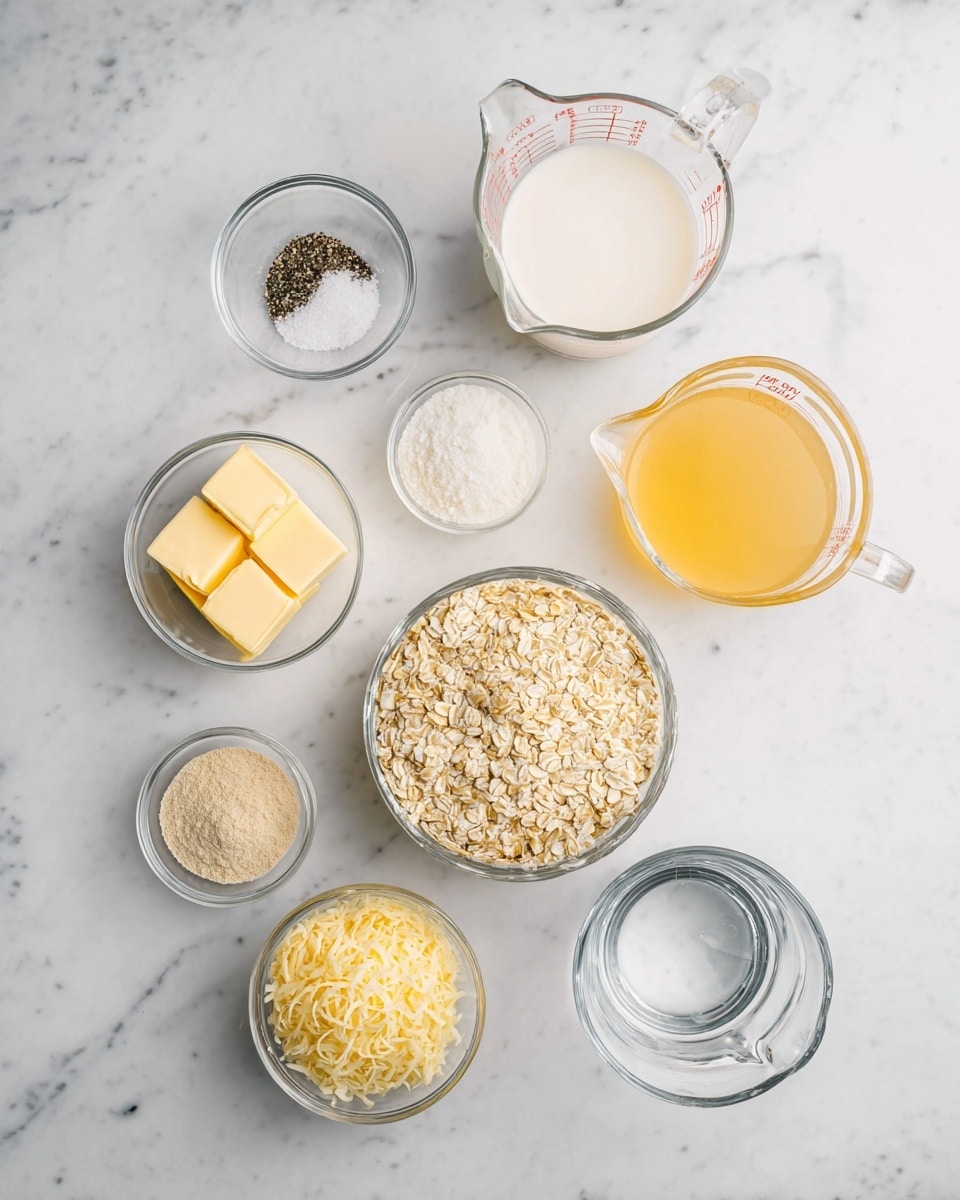 The image shows eight small glass bowls and measuring cups arranged neatly on a white marbled surface, each containing different cooking ingredients. In the center is a bowl filled with light beige oats with a rough texture. Above it to the left is a small bowl with white salt and black pepper. Next to that, at the top center, is a measuring cup with thick white liquid, likely buttermilk or cream. To its right is a larger measuring cup holding a yellowish liquid, possibly broth. Below the oats bowl to the left is a small bowl with four pale yellow cubes of butter, and to the right of the oats is another small bowl with light brown powder. Down below the butter is a small bowl with a beige powder, and at the bottom center is a bowl of shredded pale yellow cheese. Finally, in the bottom right corner is a clear measuring cup filled with water. The whole setup is clean and bright, with the white marbled texture under all the containers. photo taken with an iphone --ar 4:5 --v 7