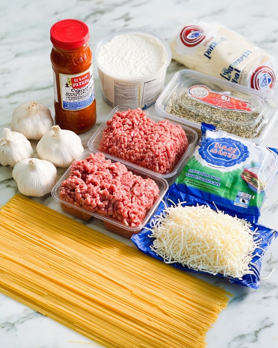 A group of cooking ingredients is arranged neatly on a white marbled surface. Starting in the front center, there is a layer of uncooked spaghetti noodles in a yellow color, laid flat and long. On the left side of the noodles, there are two garlic bulbs, round with white papery skin. Behind the garlic bulbs, there are two packs of raw ground meat; one is plain pink-red ground beef and the other is a mix with herbs, all in clear trays. Near these, slightly behind, is a small round container of white ricotta cheese with a blue label. Next to it is a white tube of sour cream with red and blue writing. Behind these items is a tall jar of red pasta sauce with a white lid. To the right side, there is a block of white cream cheese in silver packaging and a blue and green bag of shredded mozzarella cheese. In front of these, on the right side, is a small round spice container with a red cap labeled