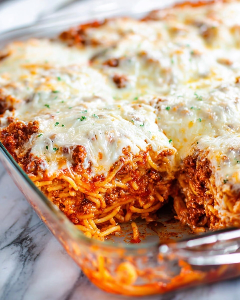 A close-up view of a baked spaghetti casserole in a clear glass baking dish shows multiple layers. The bottom layer consists of spaghetti noodles mixed with a rich red tomato sauce and ground meat, giving an orange-red textured appearance. Above that is a creamy white layer of cheese, followed by a thick topping of melted mozzarella cheese that is white with slight browning and bubbly texture. Green herb bits are scattered lightly on top. The dish is positioned on a white marbled surface. photo taken with an iphone --ar 4:5 --v 7