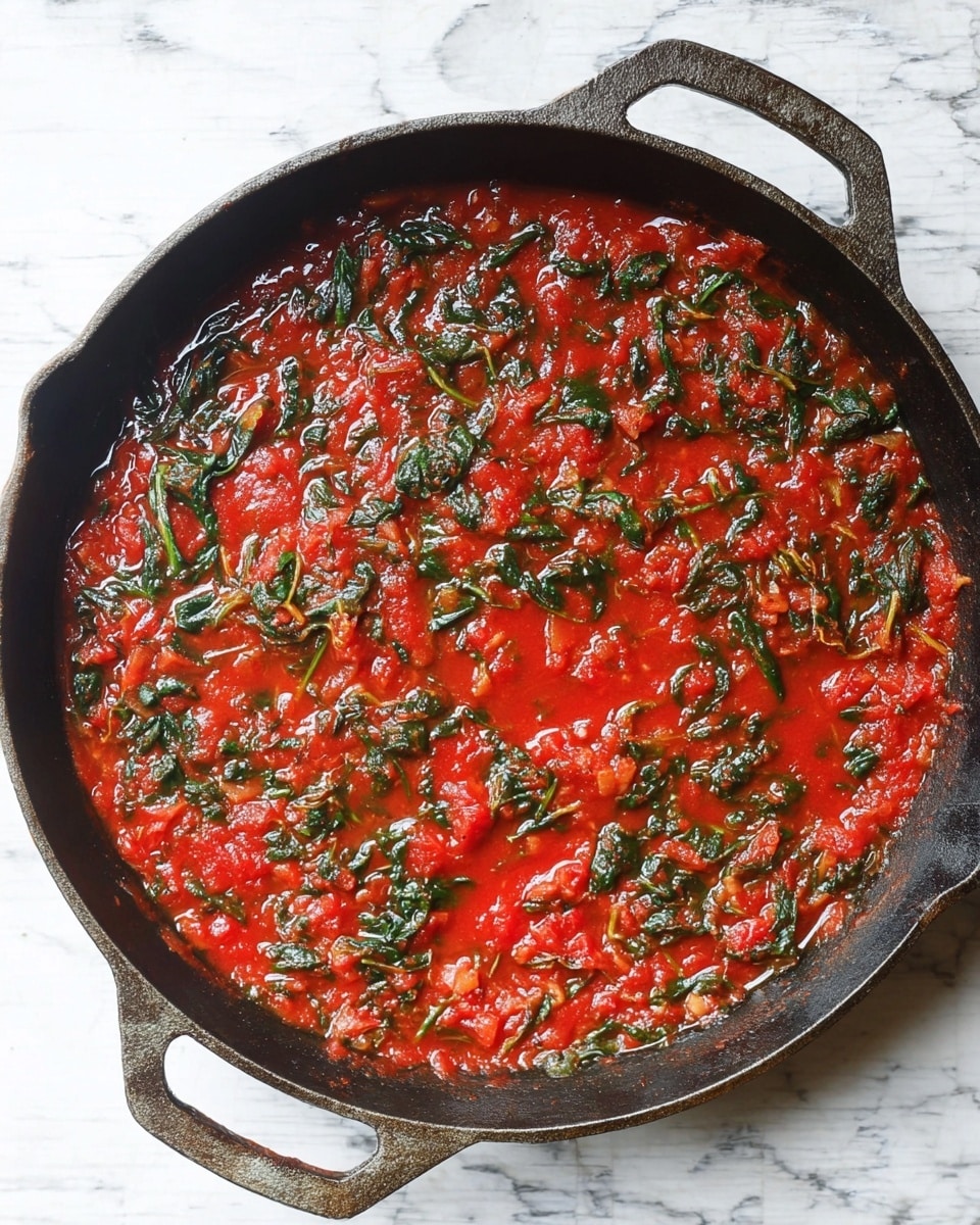 A black cast iron pan filled with a bright red tomato sauce mixed with green spinach leaves spread evenly throughout. The sauce has a chunky texture with visible pieces of tomato, creating a vibrant contrast between the red and green. The pan rests on a white marbled surface that softly reflects light, highlighting the rich colors of the sauce. The pan handles are visible on the top and bottom edges, adding a rustic touch to the scene. Photo taken with an iphone --ar 4:5 --v 7