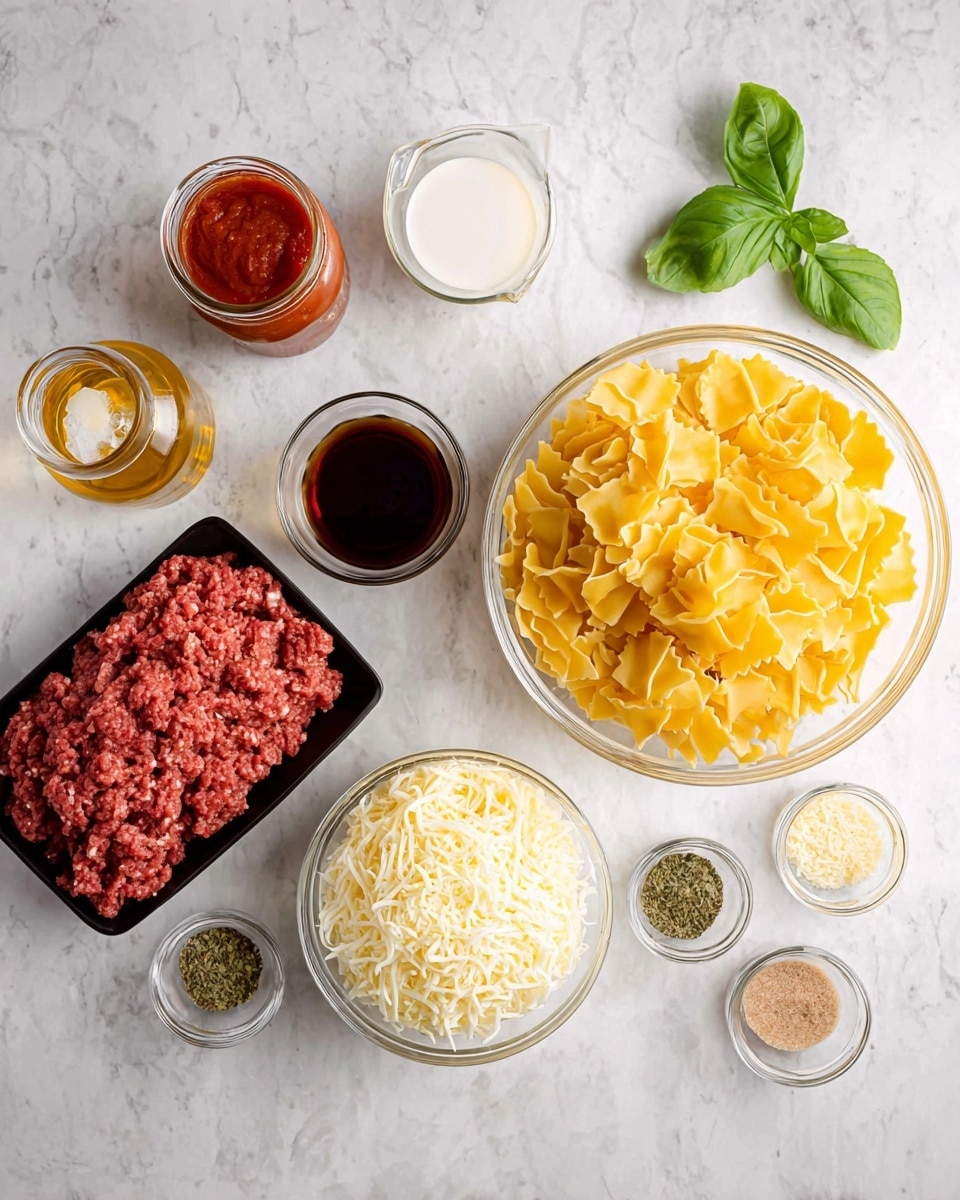 The image shows raw ingredients arranged on a white marbled surface for making a pasta dish. In the center, there is a clear bowl filled with wide, ruffled yellow pasta sheets. Below it, there is another clear bowl filled with shredded white cheese. To the left, a black tray holds raw ground meat, displaying a rich red color with a slightly textured surface. Around the bowls and tray, small glass and white measuring cups hold various seasonings and ingredients, including a jar of red sauce, a cup of white creamy sauce, a glass container with a dark brown liquid, and several small bowls of herbs and spices in light brown, green, and beige colors. A couple of fresh green basil leaves lie atop the surface near the top center. The overall presentation is clean and organized, highlighting the natural colors and textures of each ingredient. Photo taken with an iphone --ar 4:5 --v 7