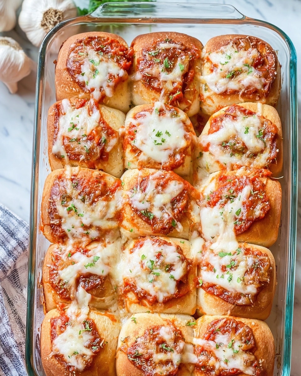 The image shows a glass baking dish with 16 soft, golden-brown rolls arranged in four rows and four columns. Each roll is topped with a layer of bright red tomato sauce and melted white mozzarella cheese, with small green herb sprinkles scattered over the top. The rolls have a slightly shiny texture from the melted cheese and sauce, and the edges appear soft and fluffy. The dish is placed on a white marbled surface, and there are whole garlic bulbs in the background, adding to the cozy feel. photo taken with an iphone --ar 4:5 --v 7
