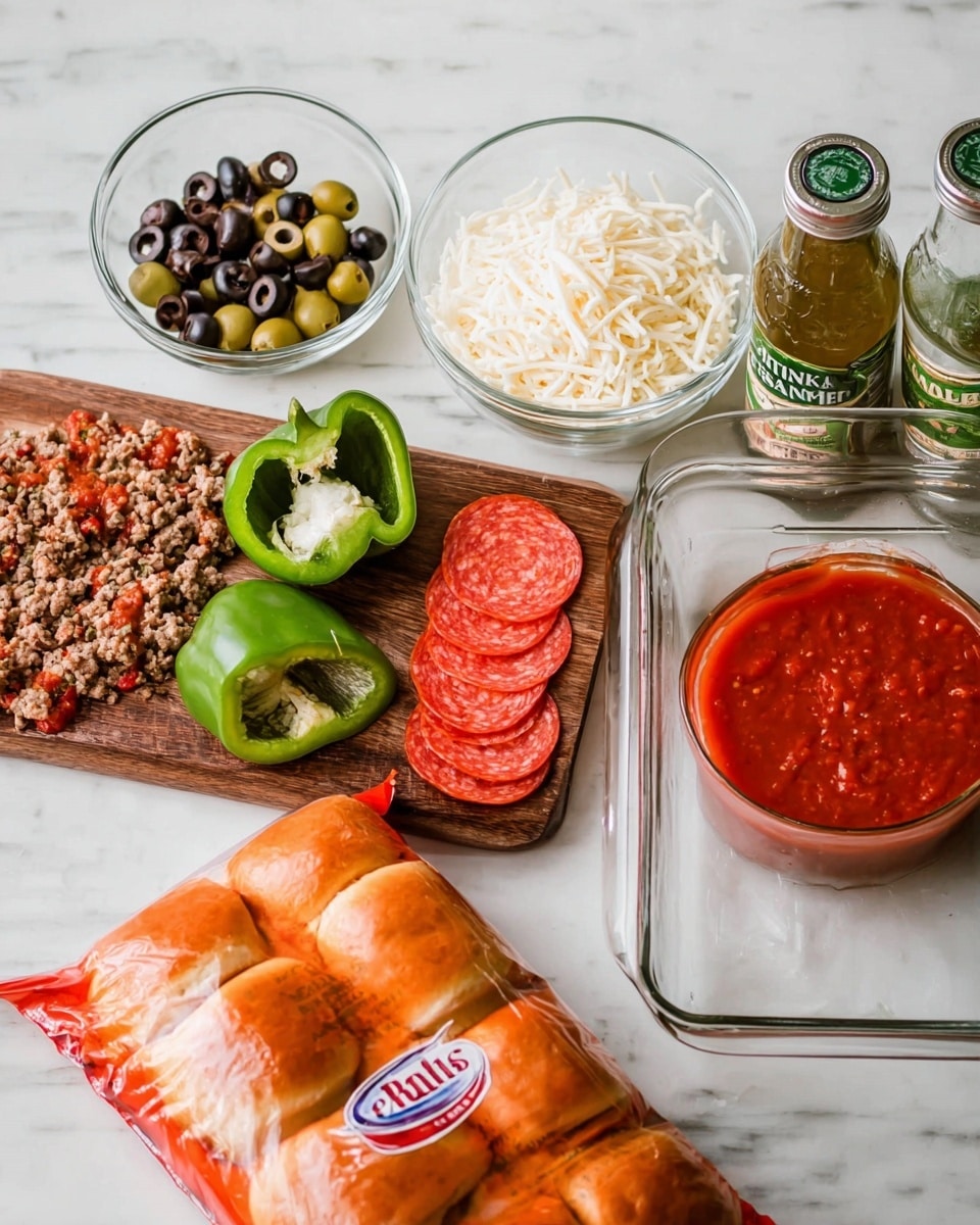 The image shows ingredients for making a dish arranged on a white marbled surface. On the left, a wooden cutting board holds browned ground meat, bright red round slices of pepperoni, dark sliced olives, half a green bell pepper with seeds visible, and a small clear glass bowl filled with shredded cheese. Behind this setup, there is a clear rectangular glass baking dish. To the right are two jars standing side by side: one filled with red marinara sauce and the other a green bottle of olive oil. In front of the jars is a large orange package of frozen dinner rolls. The colors are natural and bright, and the lighting is soft and even. photo taken with an iphone --ar 4:5 --v 7