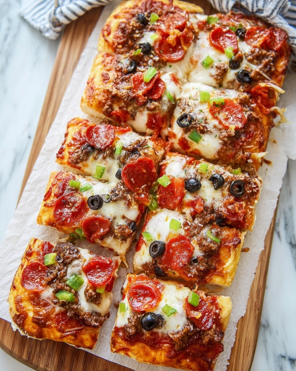 The image shows a rectangular pizza on white parchment paper, placed on a wooden board. The pizza is cut into eight square pieces with a thick, golden-brown crust. Each piece has three main layers: a red tomato sauce base, melted white cheese on top, and scattered toppings including bright red pepperoni slices, small pieces of cooked ground beef, black olive slices, and diced green bell peppers. The pizza looks cheesy and slightly browned on the edges, with some bubbling in the cheese and a soft, thick dough base. The background is a white marbled texture. photo taken with an iphone --ar 4:5 --v 7