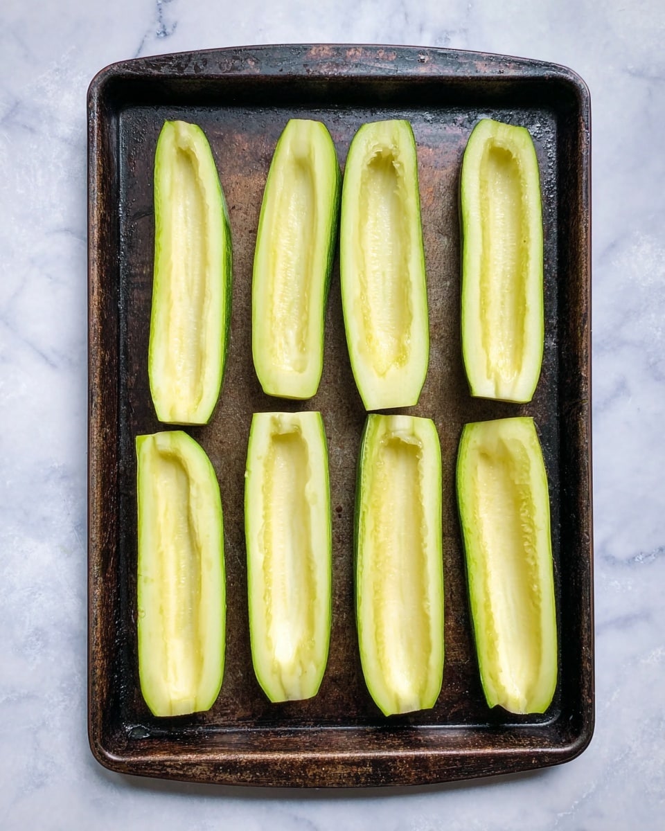 The image shows a dark, worn baking tray placed on a white marbled surface. On the tray, there are six long pieces of zucchini, each hollowed out in the center, revealing a pale green and light yellow flesh with a smooth texture. The zucchini pieces are arranged in two vertical rows of three, evenly spaced with their hollowed sides facing up. The edges of the zucchini are a darker green, contrasting with the lighter inner flesh, and the overall look is fresh and simple. photo taken with an iphone --ar 4:5 --v 7