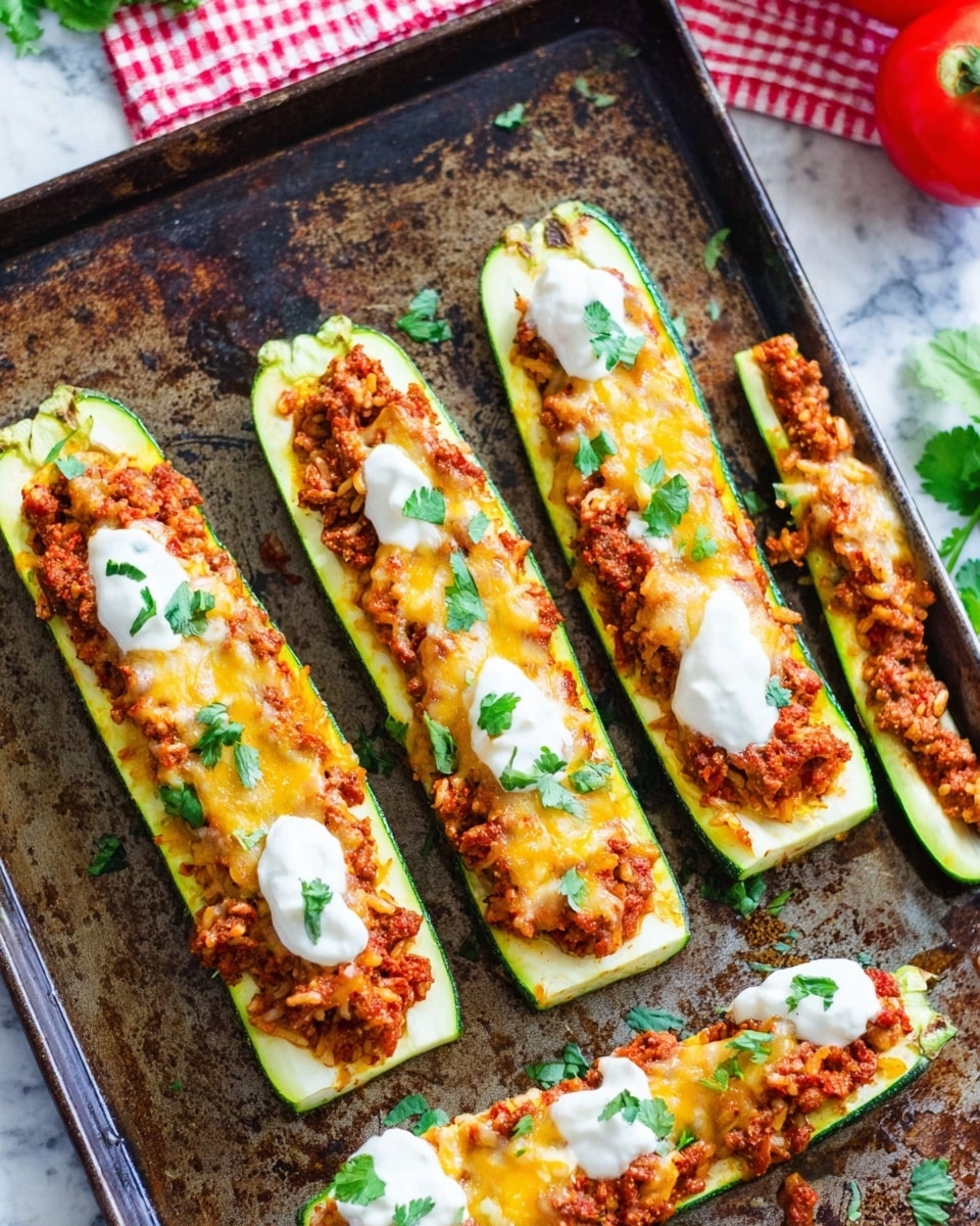 Four zucchini boats lie side by side on a worn, dark metal baking tray with some cooked oil spots. Each boat has a layer of bright green zucchini as the base, topped with a thick layer of reddish-brown cooked ground filling mixed with light brown rice. On top of this filling, there is a layer of melted orange-yellow cheese. Three of the boats have a dollop of white sour cream garnished with small green cilantro leaves, while the fourth boat lacks sour cream but has similar cilantro scattered on top. The background shows a white marbled texture with a red and white checkered cloth and some tomatoes blurred in the upper part of the image. photo taken with an iphone --ar 4:5 --v 7