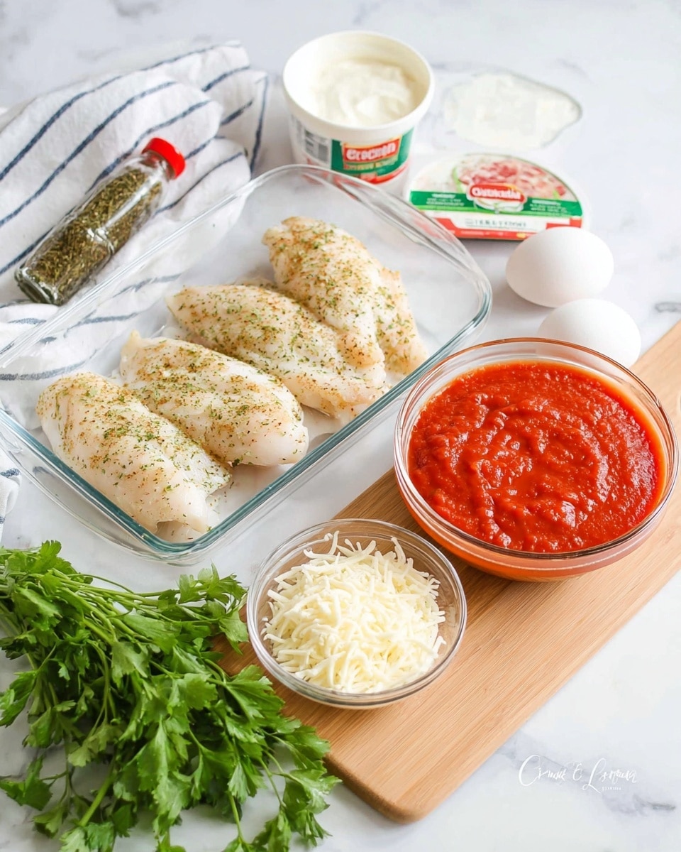 A clear glass tray holds four pieces of white chicken fillets sprinkled with light green seasoning, placed on a white marbled surface. In front of the tray, a clear glass bowl contains bright red tomato sauce with a textured surface. Nearby, there is a single white egg and a small bottle of dried green spices with a red lid. To the right, placed on a light brown wooden cutting board on the same white marbled surface, are two small clear bowls, one filled with finely shredded white cheese and the other with grated light yellow cheese. Behind these bowls, there is a container of white ricotta cheese with a red and green label. A bunch of fresh green parsley rests across the cutting board and the surface. A white and navy striped cloth is seen in the background. photo taken with an iphone --ar 4:5 --v 7