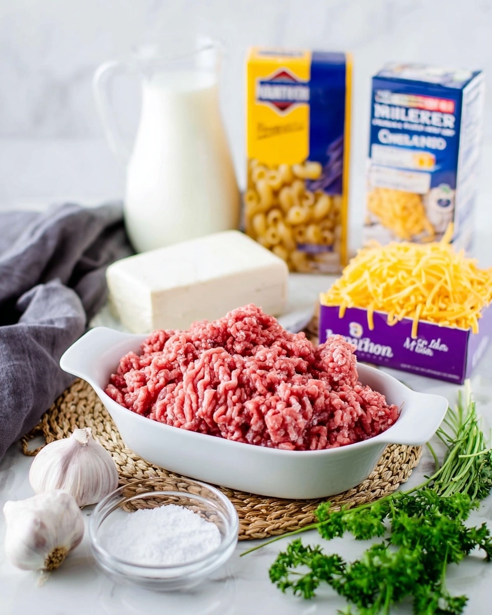 The image shows raw ground meat in a white oval dish placed on a white marbled textured surface with a round woven mat underneath. Behind the meat is a white rectangular block of cream cheese, a tall glass carafe filled with milk, a box of shredded cheddar cheese with blue and yellow packaging, and a box of rigatoni pasta with white and purple packaging. To the side of the meat dish is a small clear bowl filled with salt. There are also two whole garlic bulbs and a few sprigs of fresh parsley near the bottom left corner. A dark gray cloth is casually placed in the background. photo taken with an iphone --ar 4:5 --v 7