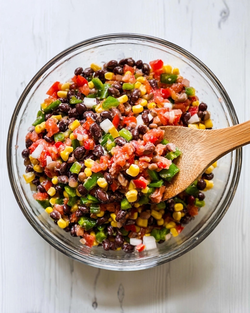A clear glass bowl sits on a white marbled surface filled with a colorful mixed salad. The salad has three main layers visible: a base of black beans and light brown beans, mixed throughout with bright yellow corn kernels, and topped with chopped green bell peppers, red tomatoes, and white onions. A wooden spoon rests inside the bowl, angled from the top right, partly covered with the salad mix. The salad looks fresh and chunky with visible small pieces of each ingredient. Photo taken with an iphone --ar 4:5 --v 7