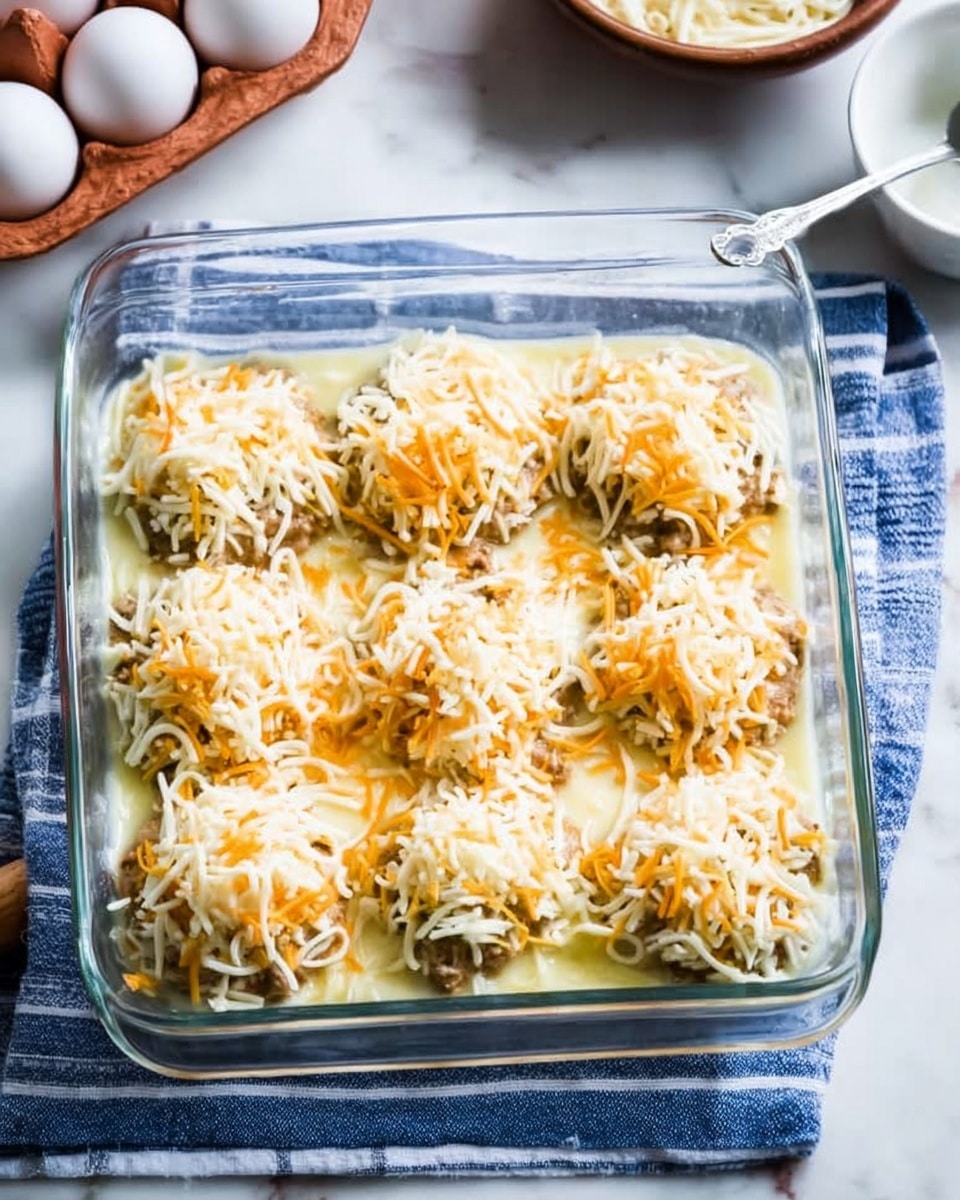 A clear glass baking dish sits on a white marbled surface with a blue striped cloth underneath. Inside the dish, there are six evenly spaced round mounds layered with shredded orange and white cheese on top. The cheese looks soft and fresh, slightly covering a middle layer of a creamy, light yellow sauce mixed with small pieces of cooked ground meat. The background has a carton of white eggs on the left and a bowl with a woman’s hand holding a spoon on the right. Photo taken with an iphone --ar 4:5 --v 7