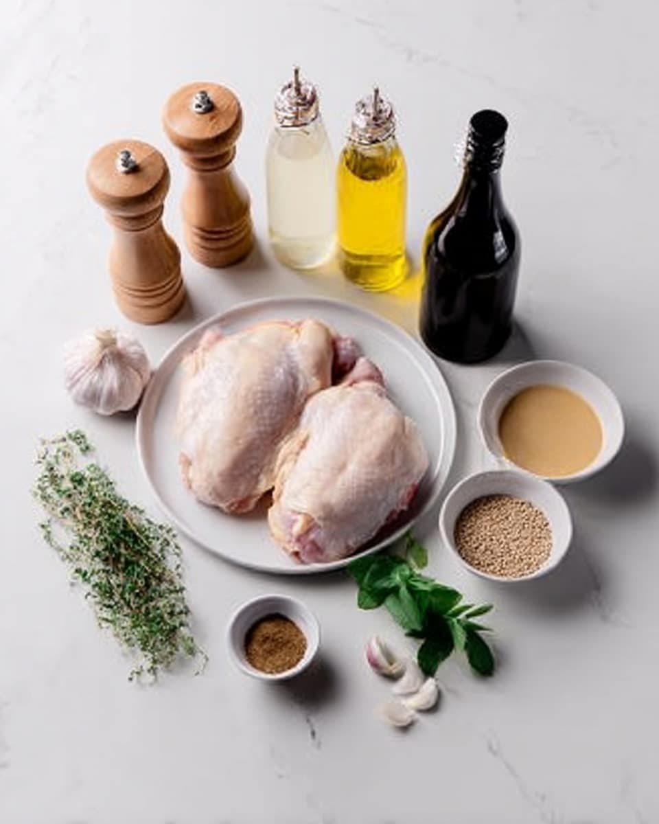 The image shows two raw chicken pieces placed on a white plate in the middle of a white marbled surface. Surrounding the plate are two wooden pepper grinders, two squeeze bottles of light yellow and white liquid, a small bowl of brown mustard seeds, a small white bowl with a garlic clove and a shallot, and two small fresh herb sprigs with green leaves. A dark glass bottle of oil stands to the right side. The textures show smooth chicken skin, shiny glass bottles, rough mustard seeds, and fresh herb leaves. Photo taken with an iphone --ar 4:5 --v 7