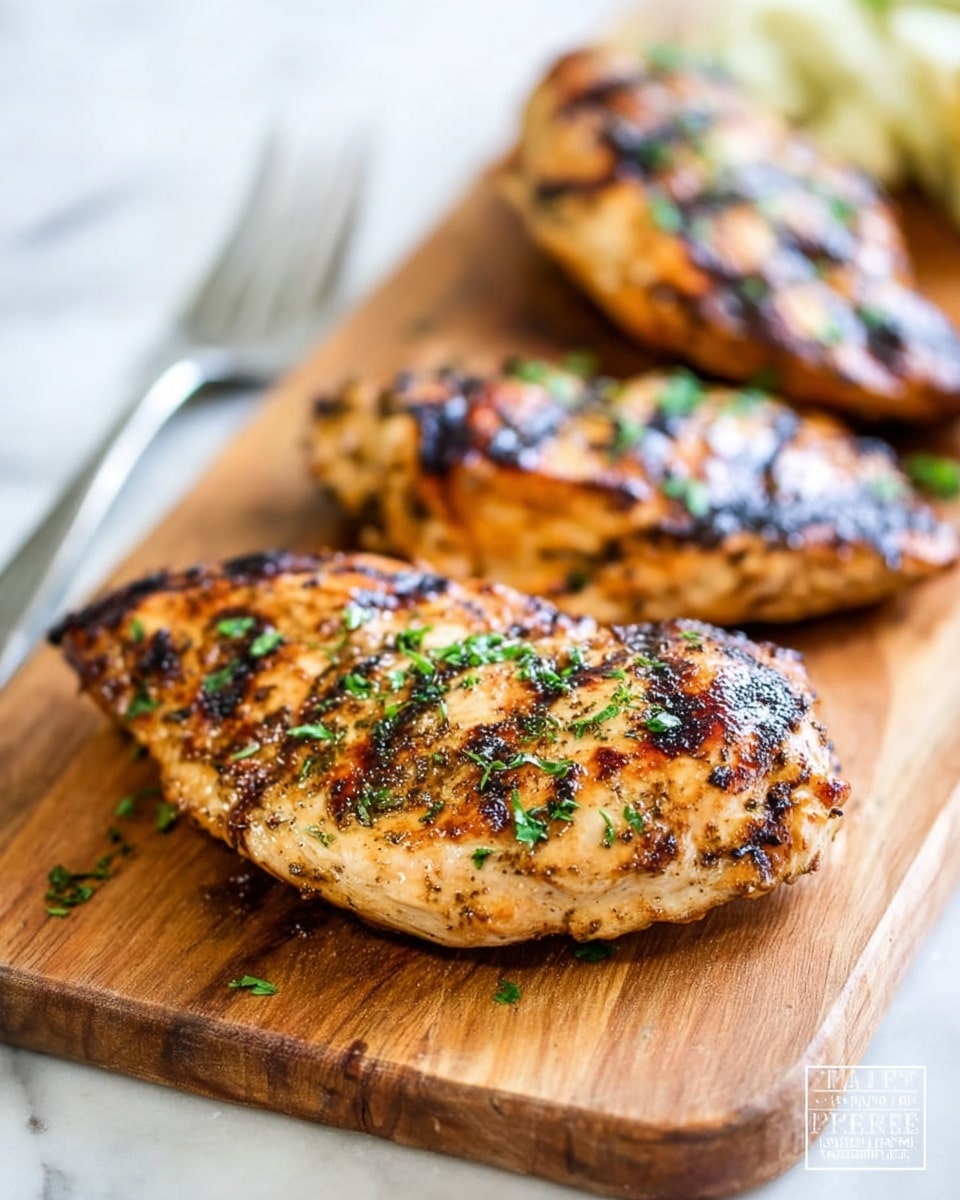 The image shows three grilled chicken pieces on a wooden board. The chicken has a golden-brown color with some dark grill marks and slight charring on top. Sprinkled finely chopped green herbs are scattered over the chicken, adding a fresh touch. In the background, a silver fork is slightly blurred, resting on the wooden board. The scene is bright with a clean focus on the juicy texture and cooking details of the chicken. The surface beneath is a white marbled texture. photo taken with an iphone --ar 4:5 --v 7
