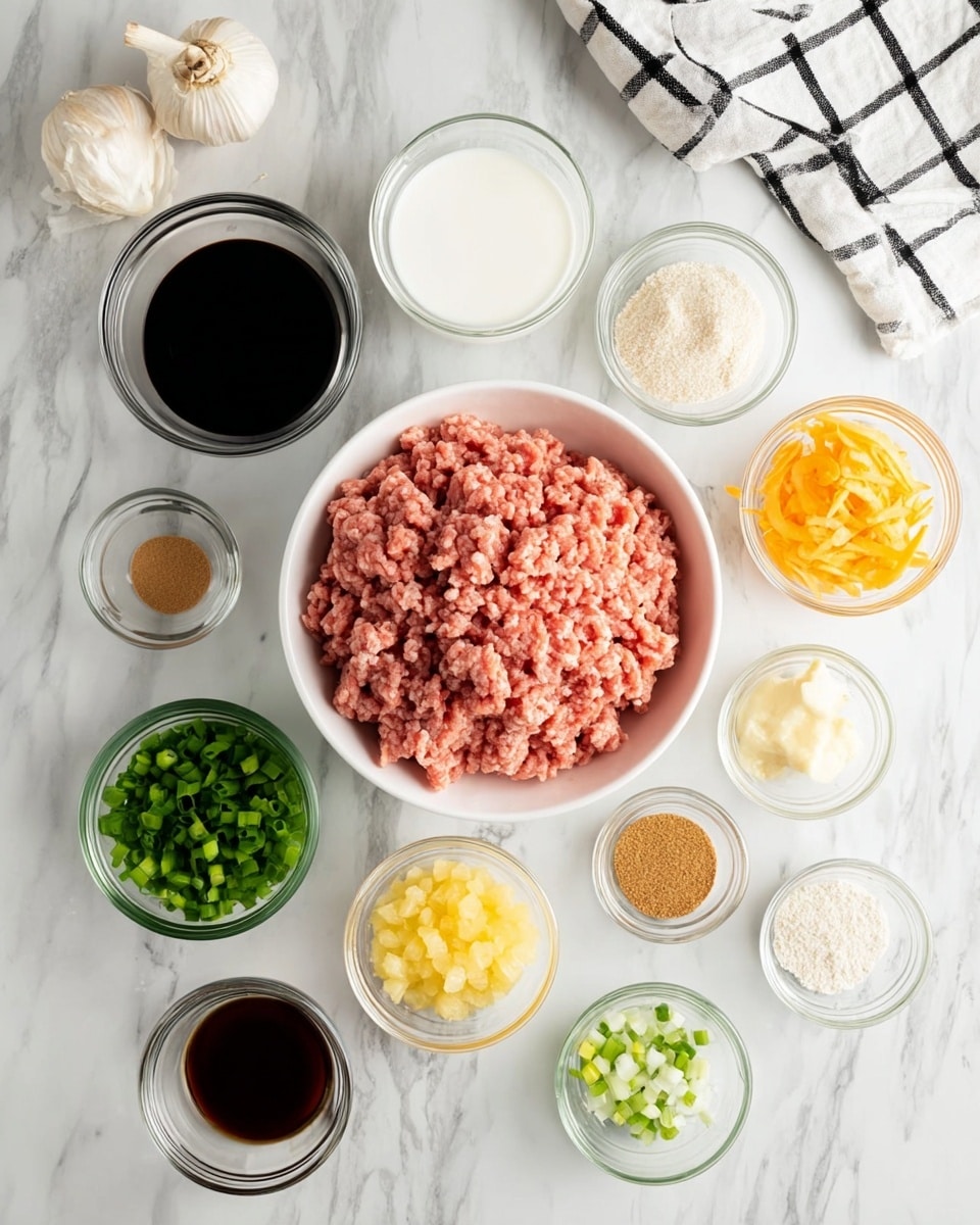 The image shows a white bowl filled with raw ground meat in the center on a white marbled surface. Surrounding it are multiple small white or clear glass bowls arranged neatly, each holding different ingredients: one bowl with white milk, one with dark soy sauce, one with white panko breadcrumbs, a white bowl with chopped green onions, and smaller clear bowls with pineapples, brown sugar, garlic, ginger, orange zest, black pepper, cornstarch, clear liquid, and chicken broth. A white and black checkered cloth with garlic bulbs and cloves is partially visible in the top right corner. The setup is bright and clean, organized with clear focus on each ingredient. Photo taken with an iphone --ar 4:5 --v 7