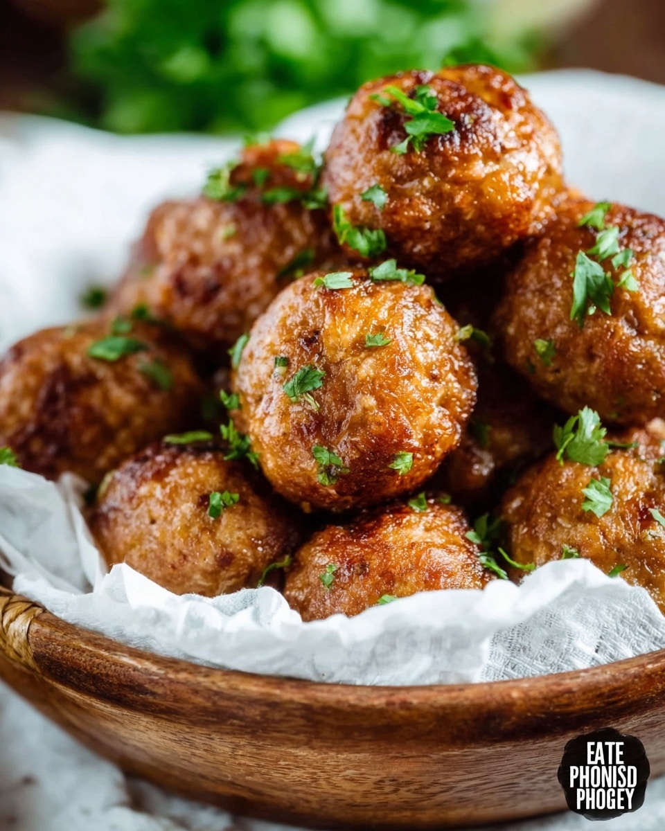 A close-up of a group of golden brown, round fried meatballs piled on white paper inside a rustic brown basket, each meatball topped with small green herb pieces. The background shows blurred fresh green herbs and a white marbled texture surface. Photo taken with an iphone --ar 4:5 --v 7