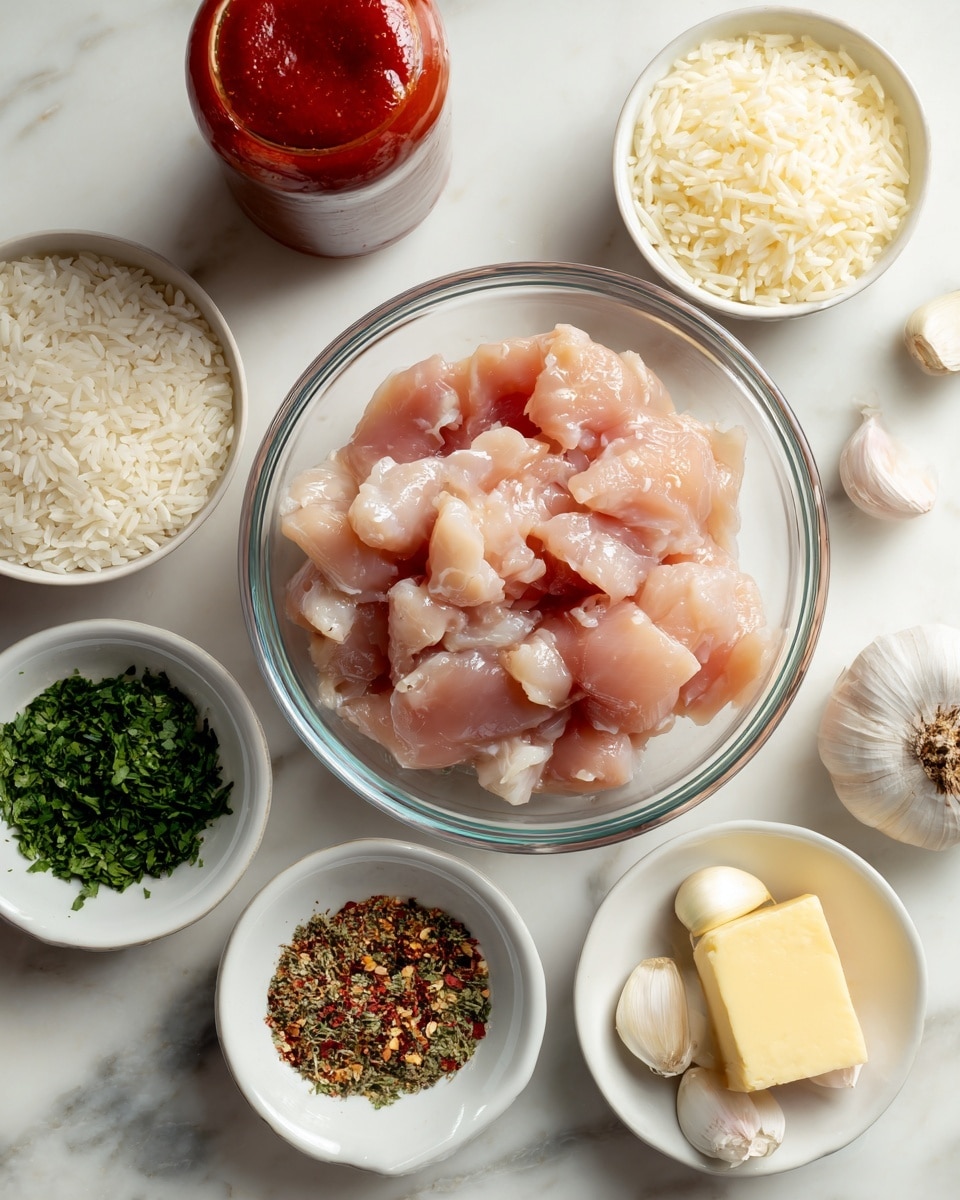 The image shows a clear glass bowl with small pieces of raw chicken that are pale pink and glossy, placed in the center on a white marbled surface. Around it, there are five white small bowls: one with long-grain white rice, another with green herbs chopped finely, a third with mixed dried spices including specks of red and green, a fourth bowl holds three whole peeled garlic cloves, and a small square of yellow butter. A glass bottle with red tomato sauce is partly visible at the top left corner of the image. The scene is clean and well-lit, with a natural look. photo taken with an iphone --ar 4:5 --v 7