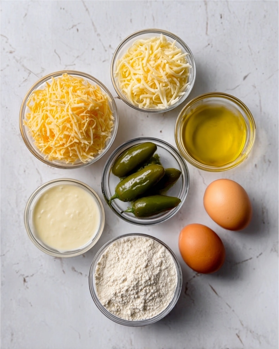 The image shows seven small clear bowls arranged on a white marbled surface in a loose circle. The bowls contain different ingredients: one has bright yellow shredded cheese, another with creamy white shredded cheese, a third holds whole green jalapeño peppers, there is a bowl with white flour, one with light tan cream sauce, another with yellow liquid oil, and two fresh brown eggs side by side. The bowls are transparent glass and sit neatly spaced on the marble. Photo taken with an iphone --ar 4:5 --v 7