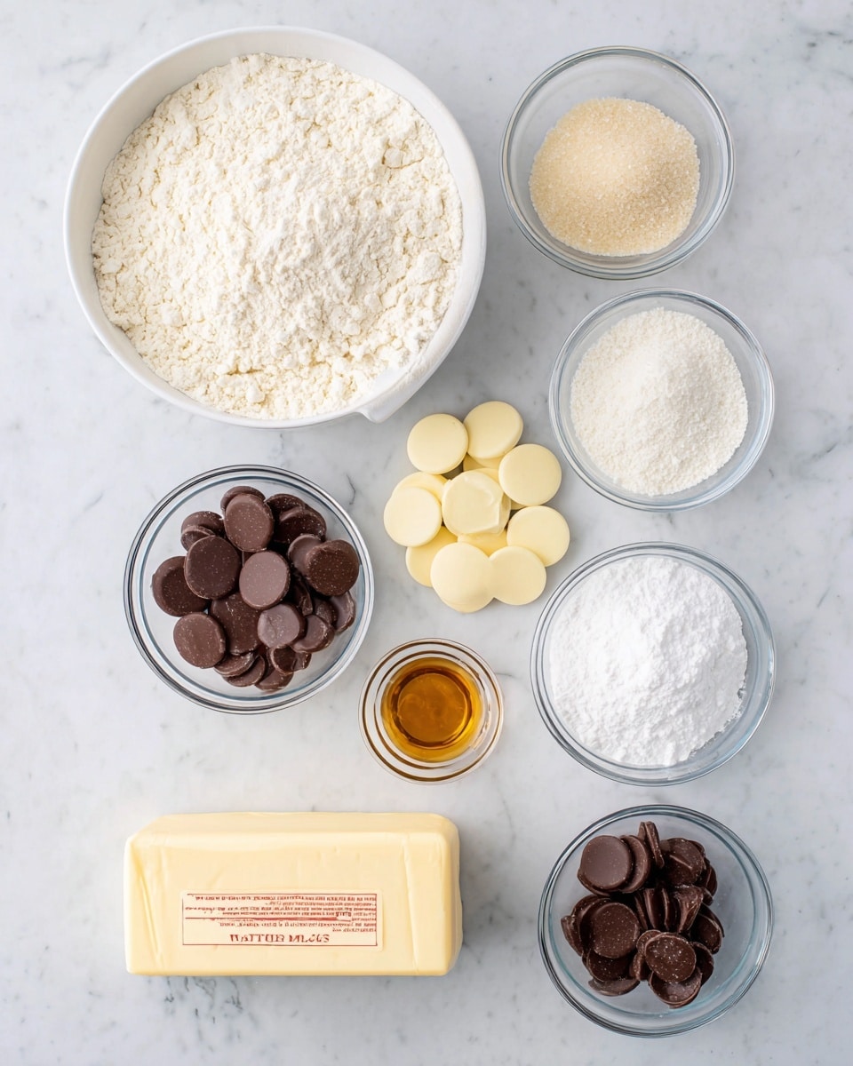 The image shows various baking ingredients arranged on a white marbled surface. On the left, a large clear bowl holds white all-purpose flour with a slightly uneven surface. To the right top, there are three pale yellow salted butter sticks stacked, each wrapped and labeled clearly. Below the flour, a small clear bowl contains white whole milk, and next to it, a small clear bowl with white baking powder. In the center sits a single white egg. Below the egg, a small glass container with amber vanilla extract and an empty small clear bowl labeled almond extract are placed. To the right, a large clear bowl filled with white granulated sugar is positioned near a colorful package of food coloring tubes showing red, yellow, green, and blue cupcakes on the box. The whole setup is neatly organized, bright, and well-lit. photo taken with an iphone --ar 4:5 --v 7