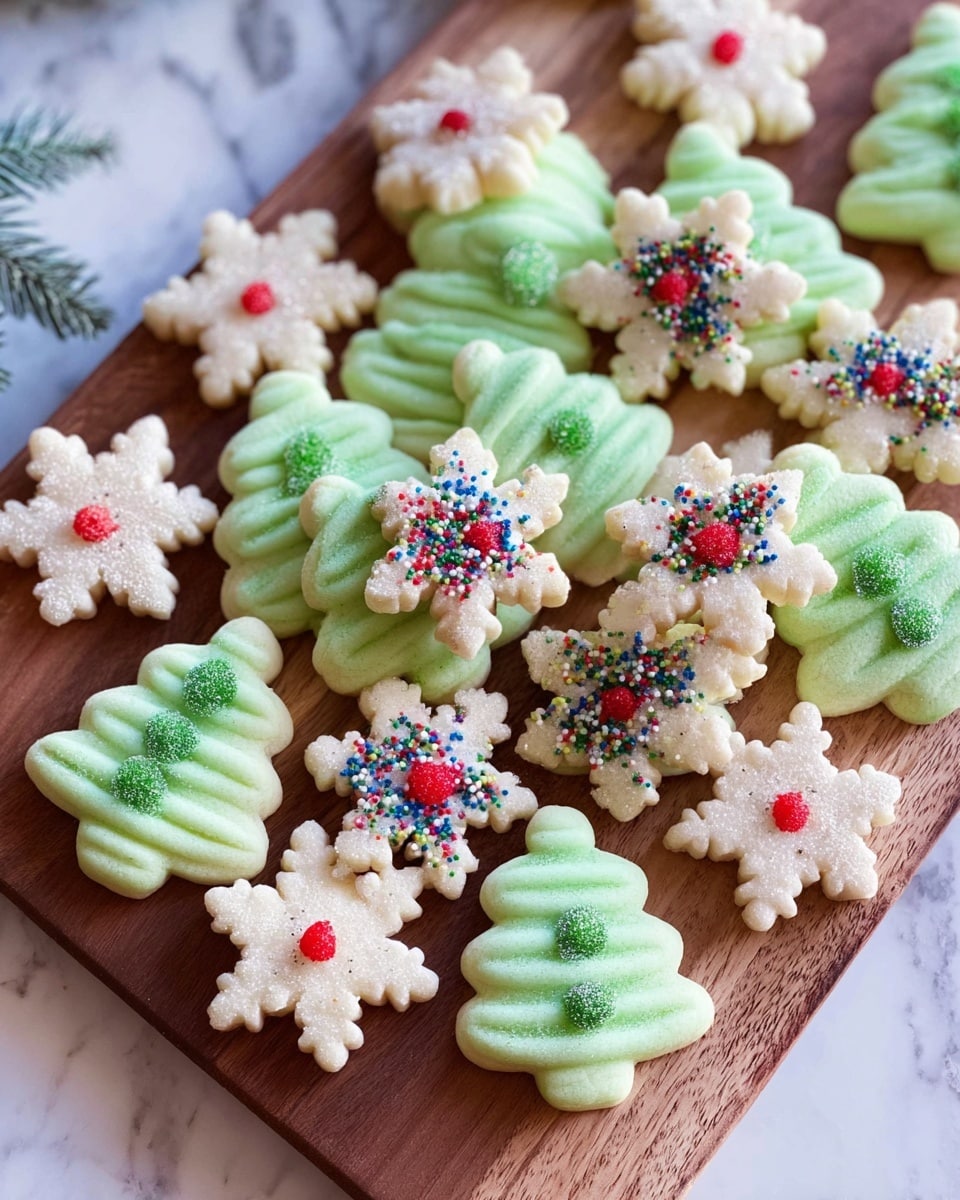 The image shows a wooden board full of small cookies shaped like Christmas trees and snowflakes, all on a white marbled surface. The Christmas tree cookies are light green with rounded layers that create a bumpy texture, topped with multicolored round sprinkles in the center. The snowflake cookies are white with six or eight points; some have a bright red dot in the middle, while others are decorated with multicolored sprinkles or green sugar crystals in the center. The cookies are arranged closely together, covering most of the board. photo taken with an iphone --ar 4:5 --v 7
