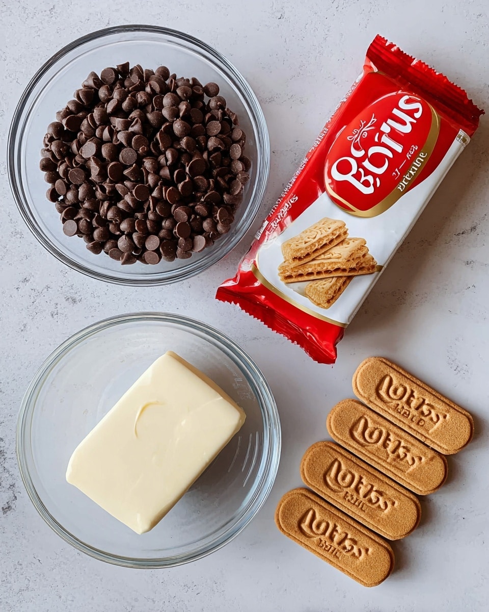 The image shows a clear glass bowl filled with shiny brown chocolate chips on the left side, next to another clear glass bowl holding a smooth, rectangular block of creamy white butter at the bottom center. To the right of these bowls, five rectangular brown Lotus Biscoff cookies with