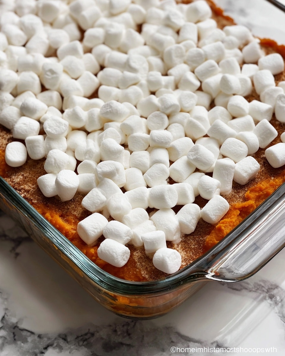 The image shows a clear glass baking dish filled with a layered sweet potato casserole. The bottom layer consists of mashed sweet potatoes with an orange color and smooth texture. On top of this orange layer, there is a thick, even layer of slightly darker brown color, likely a cinnamon-spiced crust or topping. The entire dish is covered by a dense layer of small, white marshmallows that are fluffy and rounded. The dish is placed on a white marbled surface. photo taken with an iphone --ar 4:5 --v 7