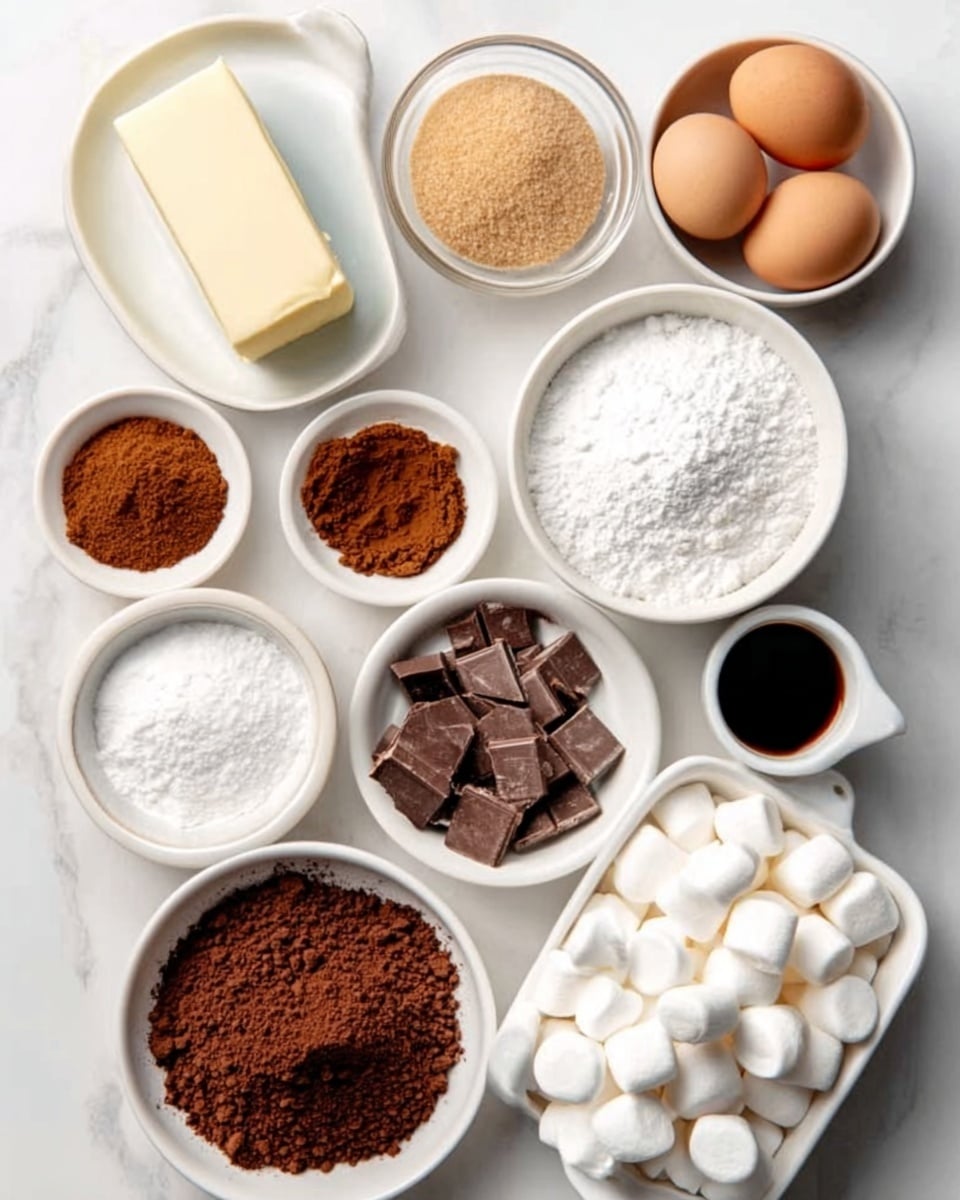 The image shows various baking ingredients neatly placed in small white bowls and on white dishes arranged on a white marbled surface. There is a rectangular stick of butter, two eggs in a small clear bowl, and several white bowls containing brown sugar, cocoa powder, salt, baking soda, sugar, and chopped chocolate. A small cup of dark liquid, likely vanilla extract, and a bigger white dish filled with marshmallows are also visible. The colors range from light beige and white to rich brown and dark chocolate. The arrangement feels clean and organized, with each ingredient clearly separated. Photo taken with an iphone --ar 4:5 --v 7