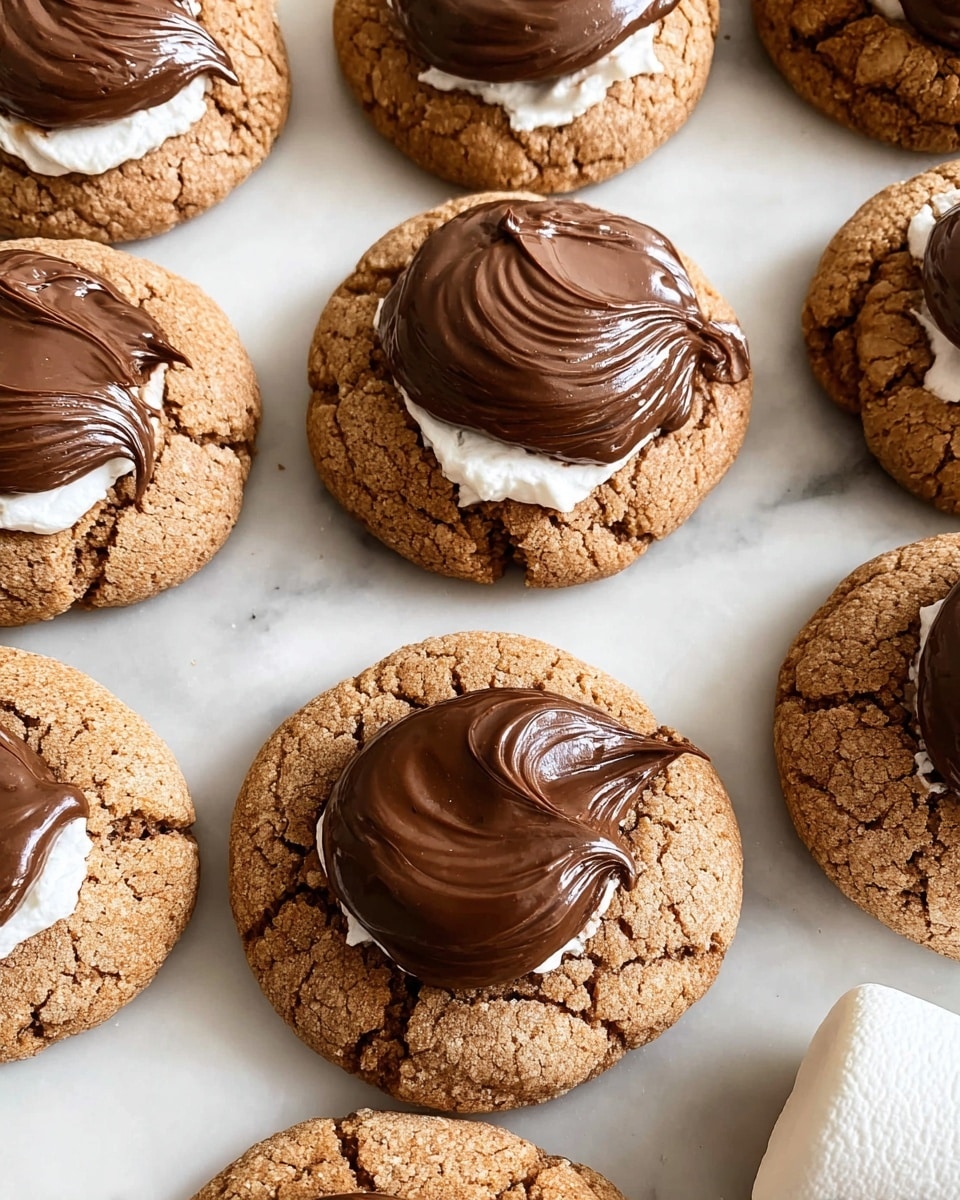 The image shows a group of round cookies on a white marbled surface. Each cookie has two visible layers: the bottom layer is a light brown, cracked cookie with a rough texture, while the top layer is a smooth swirl of shiny dark chocolate spread in the middle of each cookie. Between the cookie and chocolate layer, there is a small layer of white cream peeking through. In the lower right corner, there is a large white marshmallow partly visible. The cookies are arranged closely but not touching, giving a sense of neat order. photo taken with an iphone --ar 4:5 --v 7