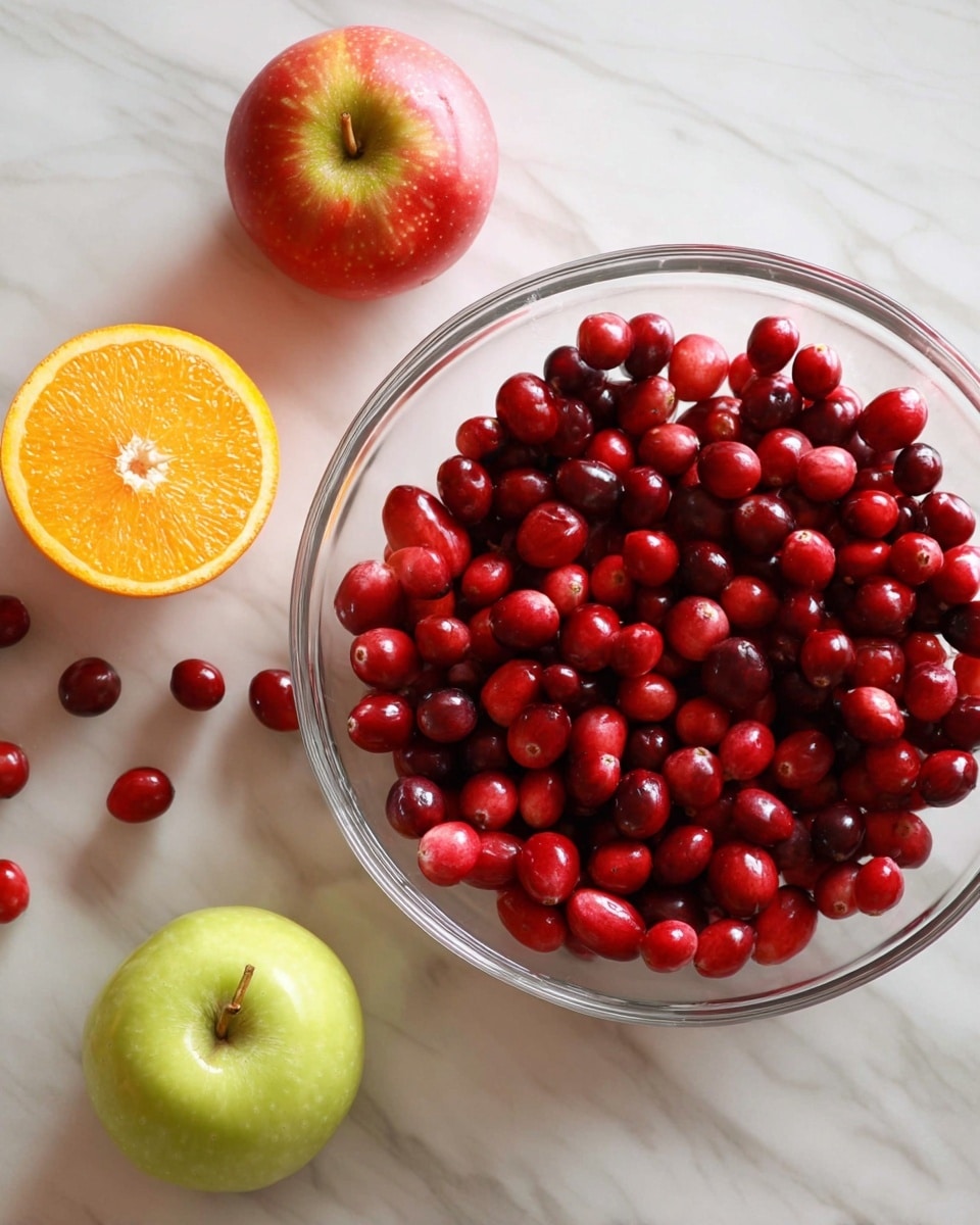 A clear glass bowl filled with many bright red cranberries sits on a white marbled surface. Around the bowl, there are two apples—one red and one green—each whole and shiny. Near the top left, a halved orange shows its bright, juicy orange inside. Scattered cranberries lie near the fruits, adding small pops of red across the surface. photo taken with an iphone --ar 4:5 --v 7