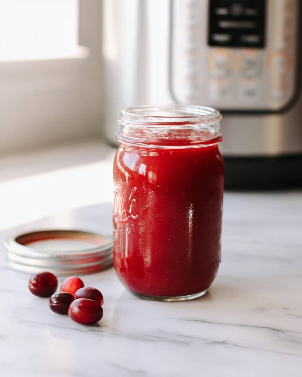 A clear glass jar filled with thick, bright red sauce is placed on a white marbled surface with its metal lid beside it. The sauce inside the jar has a smooth texture and shiny finish. Near the jar, a few fresh, round, deep-red cranberries rest on the surface, adding color contrast. In the background, a stainless steel modern kitchen appliance with control buttons is slightly out of focus. The scene is well-lit with soft natural light, emphasizing the vibrant red color of the sauce and berries. photo taken with an iphone --ar 4:5 --v 7