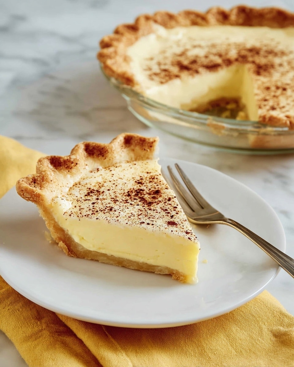 A slice of pie with three layers is placed on a white plate. The bottom layer is a light golden crust, crisp and flaky. Above it is a thick, smooth creamy layer that is pale yellow. The top layer is sprinkled lightly with brown spice powder, giving texture and color contrast. The edge of the pie has a crimped crust that is golden brown and slightly raised. A silver fork rests beside the pie slice on the plate. In the background, the rest of the pie sits in a glass pie dish on a folded yellow cloth. The surface beneath is white marble showing soft gray veins. photo taken with an iphone --ar 4:5 --v 7