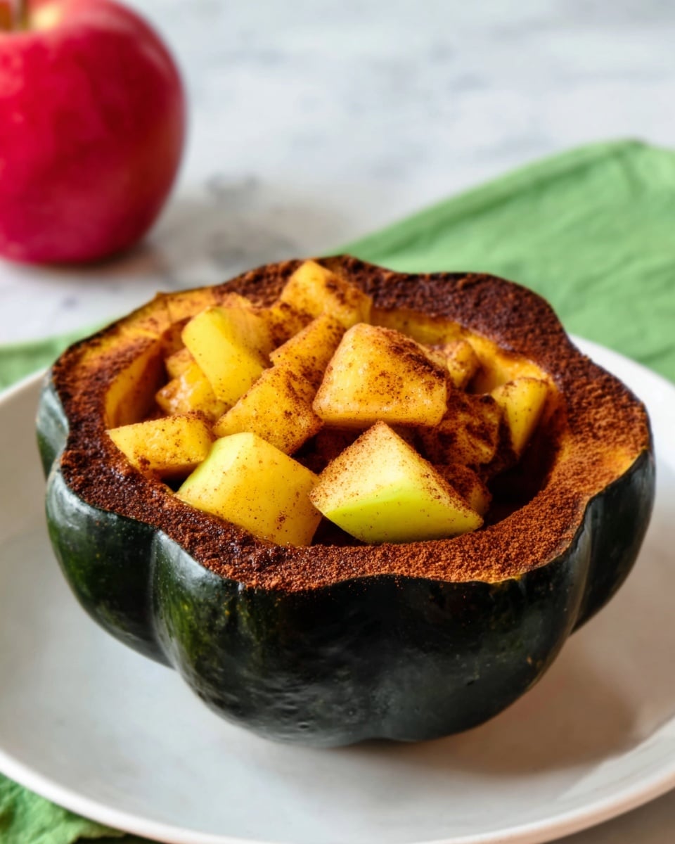 A dark green acorn squash is hollowed out and filled with thick, chopped pieces of yellow apple, with the top edge of the squash browned and dusted with a layer of brown cinnamon powder. The squash sits on a white plate, placed on a white marbled surface with a bright green cloth partially visible to the side and a whole red apple blurred in the background. The texture of the squash’s outer skin is smooth and glossy, while the inside edge is rough and toasted, framing the soft, diced apple pieces inside. photo taken with an iphone --ar 4:5 --v 7