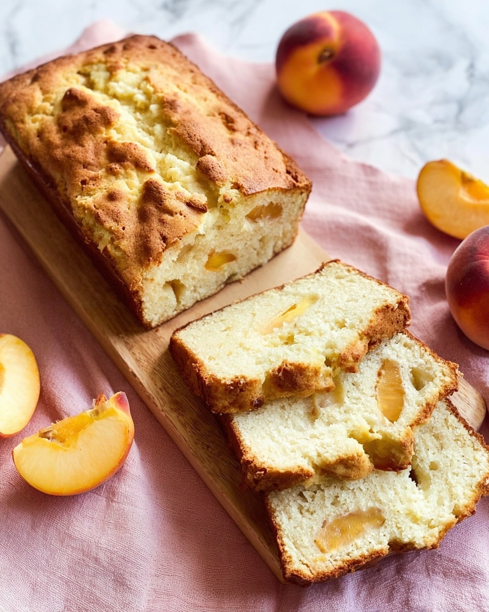 A loaf of light golden peach cake is placed on a wooden board on a soft pink cloth with three whole peaches around it. The cake has four visible layers: the top layer is a browned crust with slight cracks and a textured surface, the second to fourth layers are soft, pale yellow, and moist with chunks of peach pieces dotted inside. Three thick slices have been cut from the loaf, each showing the same soft texture and peach chunks inside. The scene is set on a white marbled surface. photo taken with an iphone --ar 4:5 --v 7