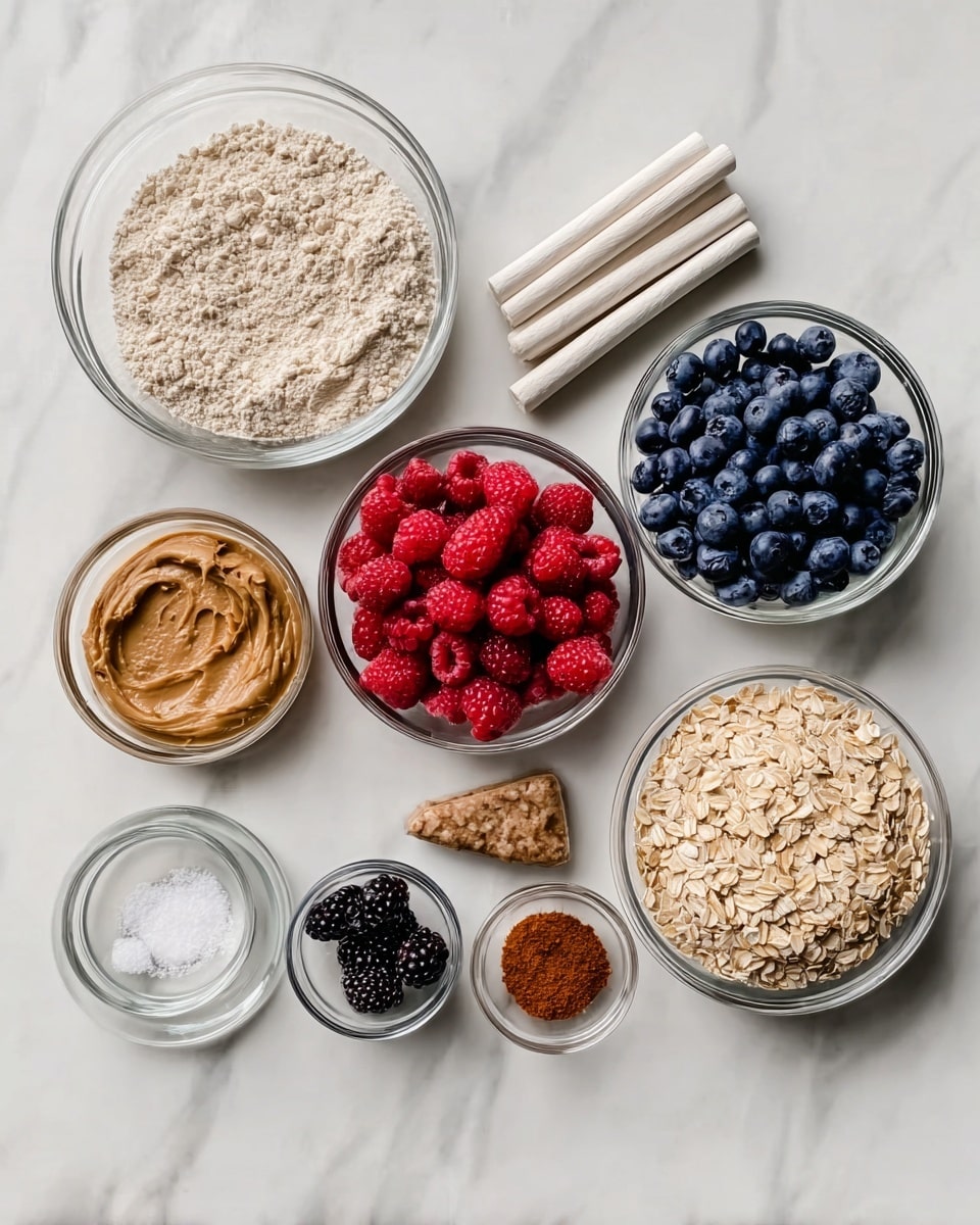 The image shows several clear glass bowls and containers placed on a white marbled surface, each filled with different ingredients for baking. There is one large bowl with a light beige flour-like powder, a medium bowl with fresh blueberries, another medium bowl filled with bright red raspberries, and a medium bowl holding dark blackberries. A small bowl contains a light brown peanut butter or nut butter, and next to it is a small dish with white salt. There is also a bowl filled with dry oatmeal flakes and two small bowls with reddish-brown spices, likely cinnamon and nutmeg. At the top, there are three wrapped white sticks placed horizontally. The scene is neat and bright, emphasizing the natural colors and textures of the ingredients. Photo taken with an iphone --ar 4:5 --v 7