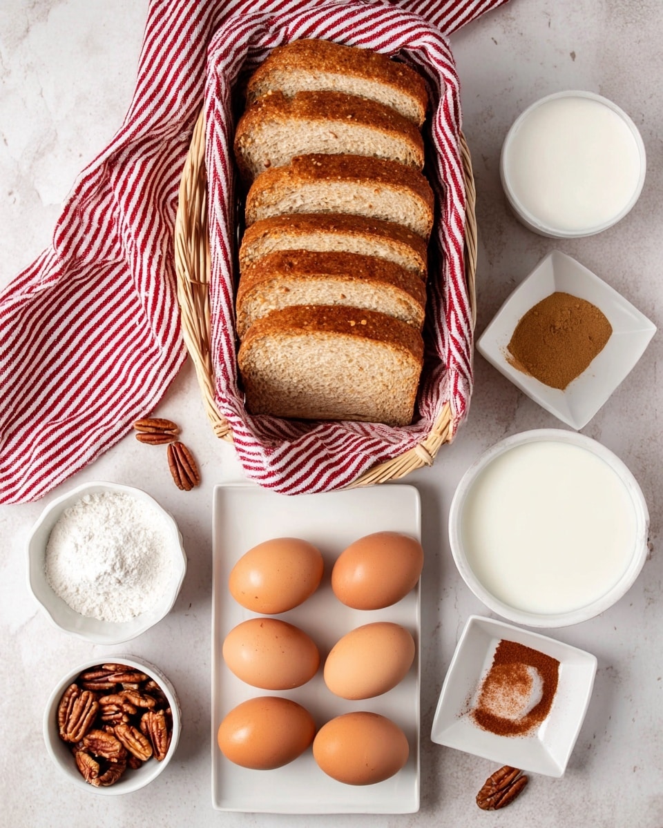 The image shows a basket lined with a red and white striped cloth, holding seven slices of light brown crusted bread arranged vertically, slightly overlapping. Below the basket, on a white marbled surface, there is a white rectangular tray holding six brown eggs evenly spaced. Around the tray, there are small white bowls containing different ingredients: one with pecan nuts at the bottom left, another with white granulated sugar at the bottom right, one with white milk at the top right, another bowl with cream or thick white liquid at the top center, and two small square dishes with cinnamon powder on the left and maple syrup or honey on the upper left. Three whole nutmegs lie loose near the cinnamon bowl, and a few pecan halves are scattered near the nut bowl. photo taken with an iphone --ar 4:5 --v 7